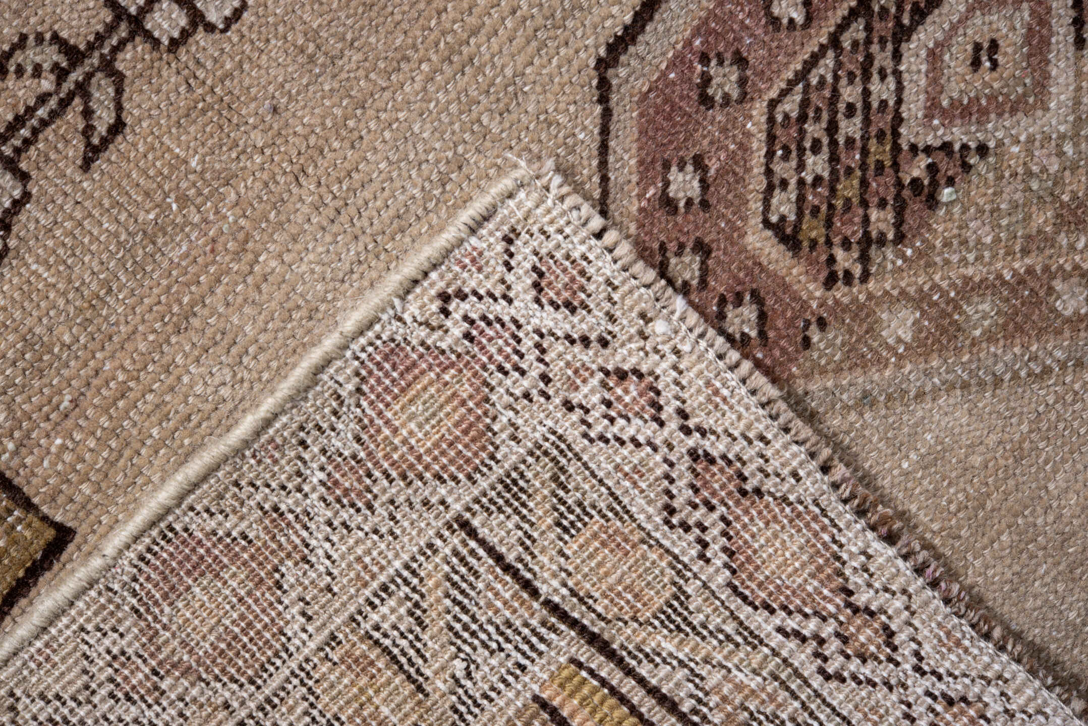 3' x 4' one-of-a-kind handmade antique Karabagh small size rug. Color palette: ivory, rose, brown, taupe, camel, gold