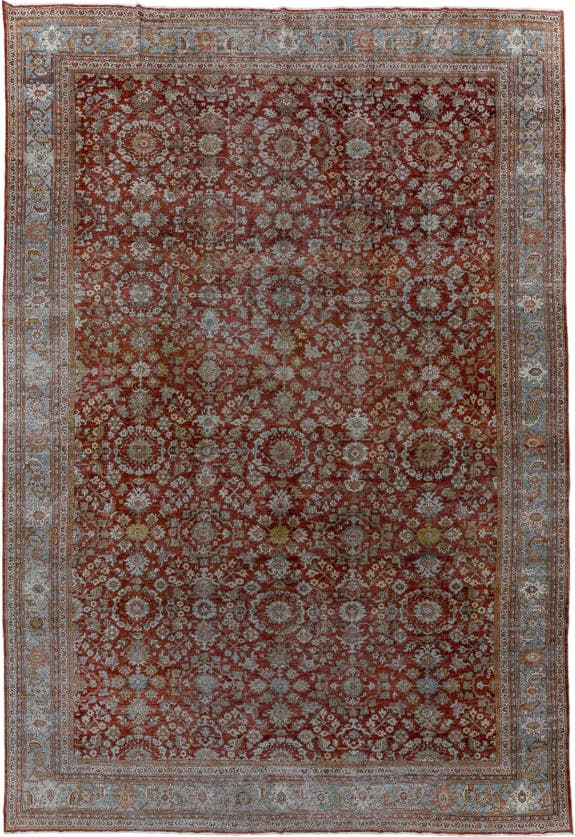 12' x 17' one-of-a-kind handmade vintage Sultanabad oversize rug. Color palette: rust, pale blue, ivory, taupe, sage, camel