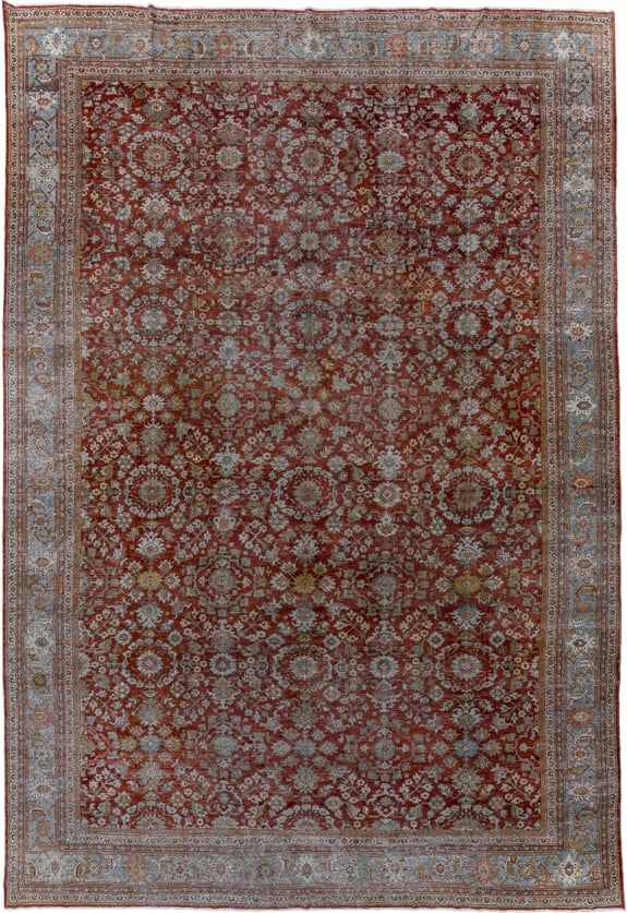12' x 17' one-of-a-kind handmade vintage Sultanabad oversize rug. Color palette: rust, pale blue, ivory, taupe, sage, camel