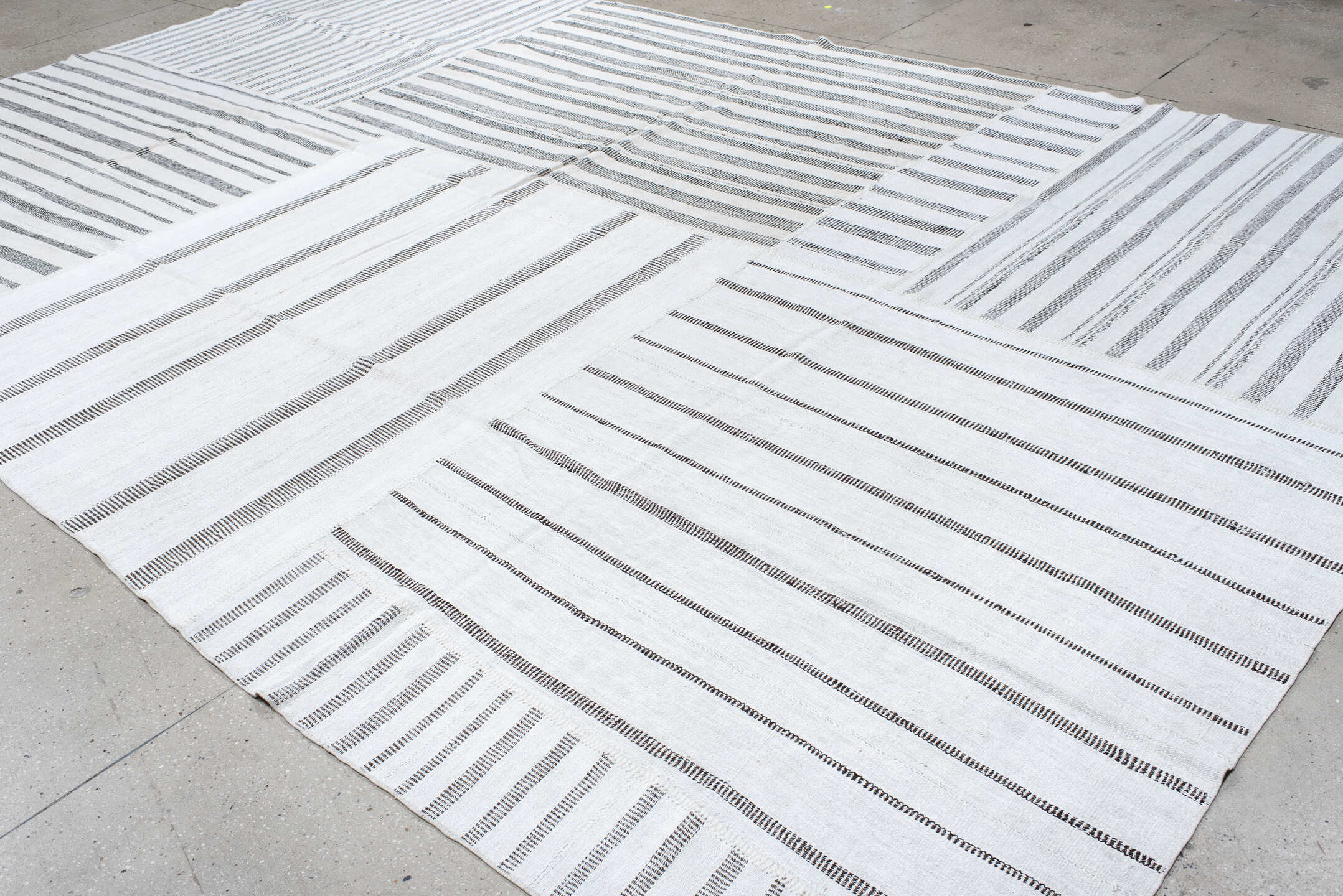 10' x 15' one-of-a-kind handmade vintage Kilim rug. Color palette: ivory, charcoal, gray, black