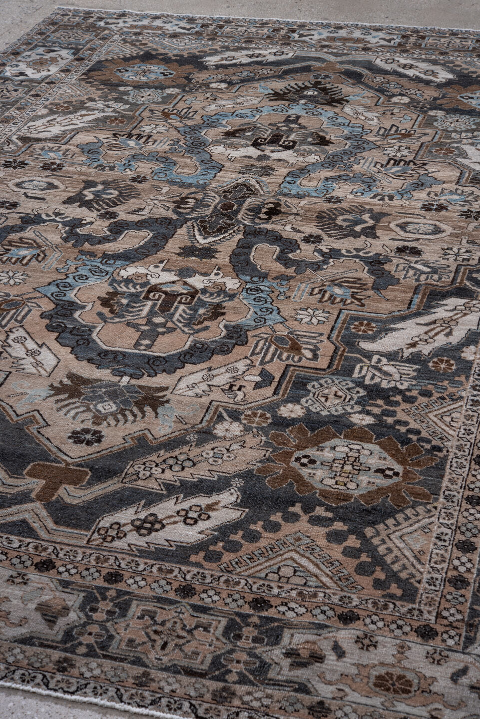 7' x 10' one-of-a-kind handmade antique Ardebil large size rug. Color palette: taupe, ivory, charcoal, slate, brown