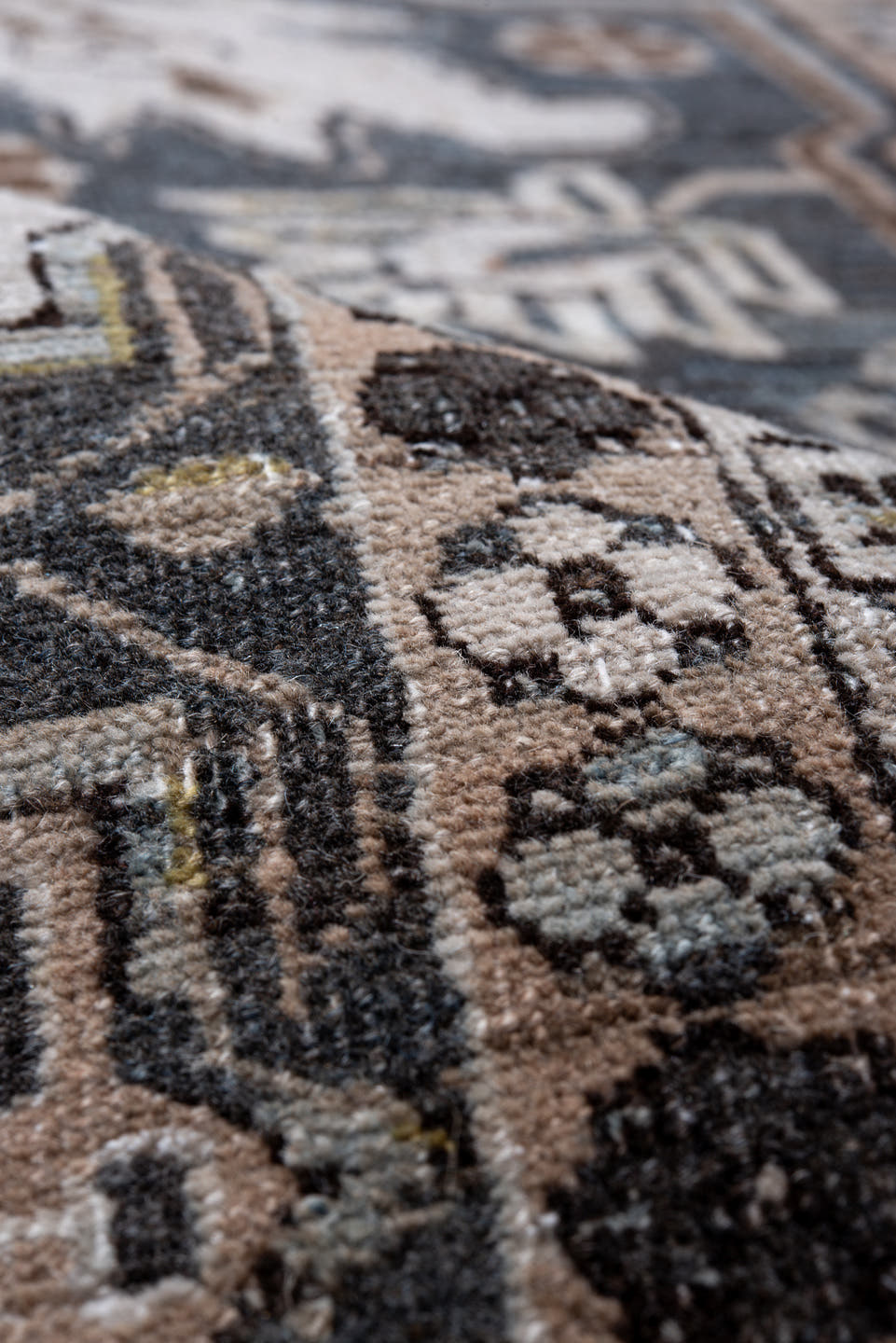 7' x 10' one-of-a-kind handmade antique Ardebil large size rug. Color palette: taupe, ivory, charcoal, slate, brown