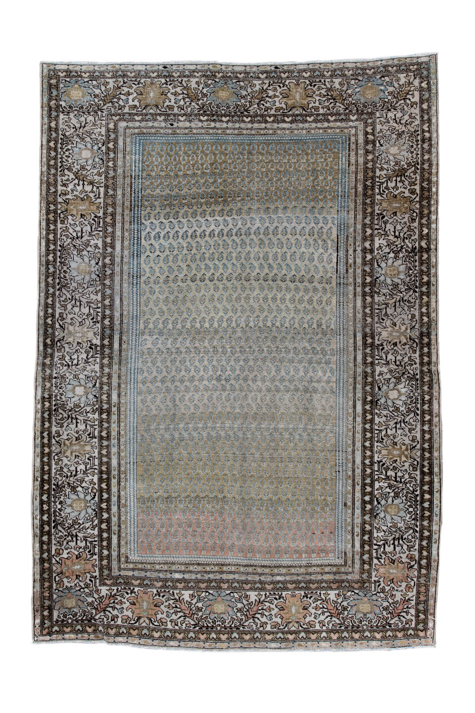 4' x 6' one-of-a-kind handmade antique Tabriz small size rug. Color palette: ivory, pale blue, taupe, brown, blush, camel