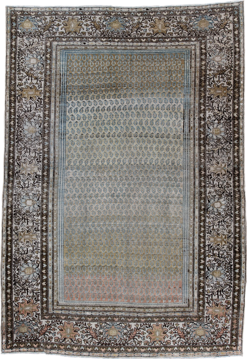 4' x 6' one-of-a-kind handmade antique Tabriz small size rug. Color palette: ivory, pale blue, taupe, brown, blush, camel