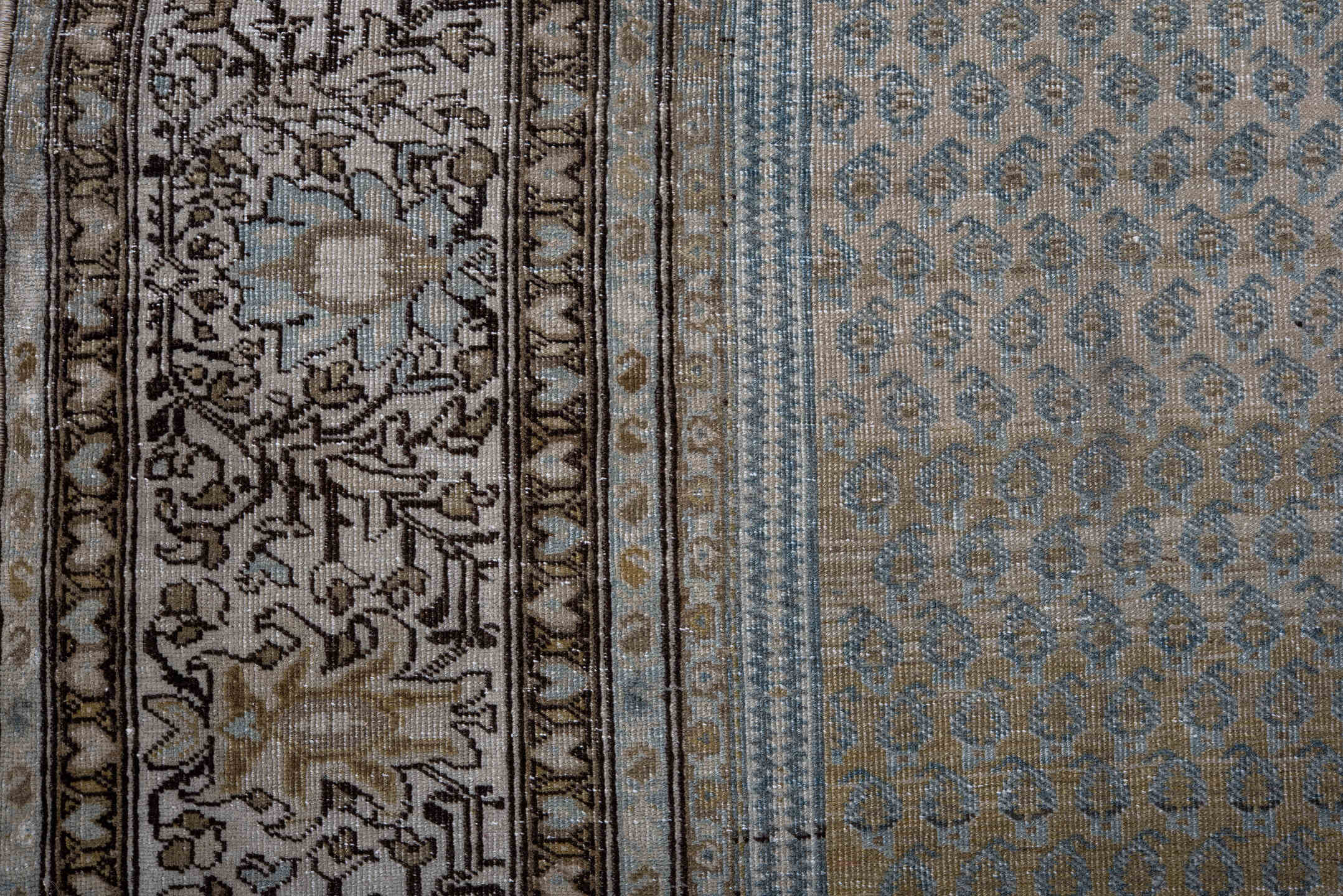 4' x 6' one-of-a-kind handmade vintage Tabriz small size rug. Color palette: black, blue, charcoal, dark gray, dim gray