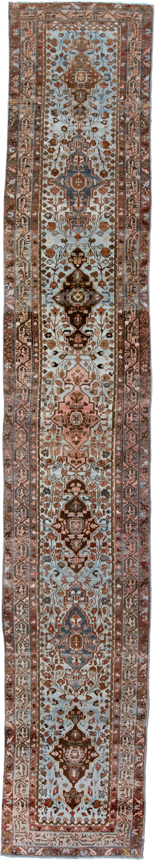 2' x 16' one-of-a-kind handmade antique Malayer runner rug. Color palette: light blue, rust, brown, ivory, rose, slate