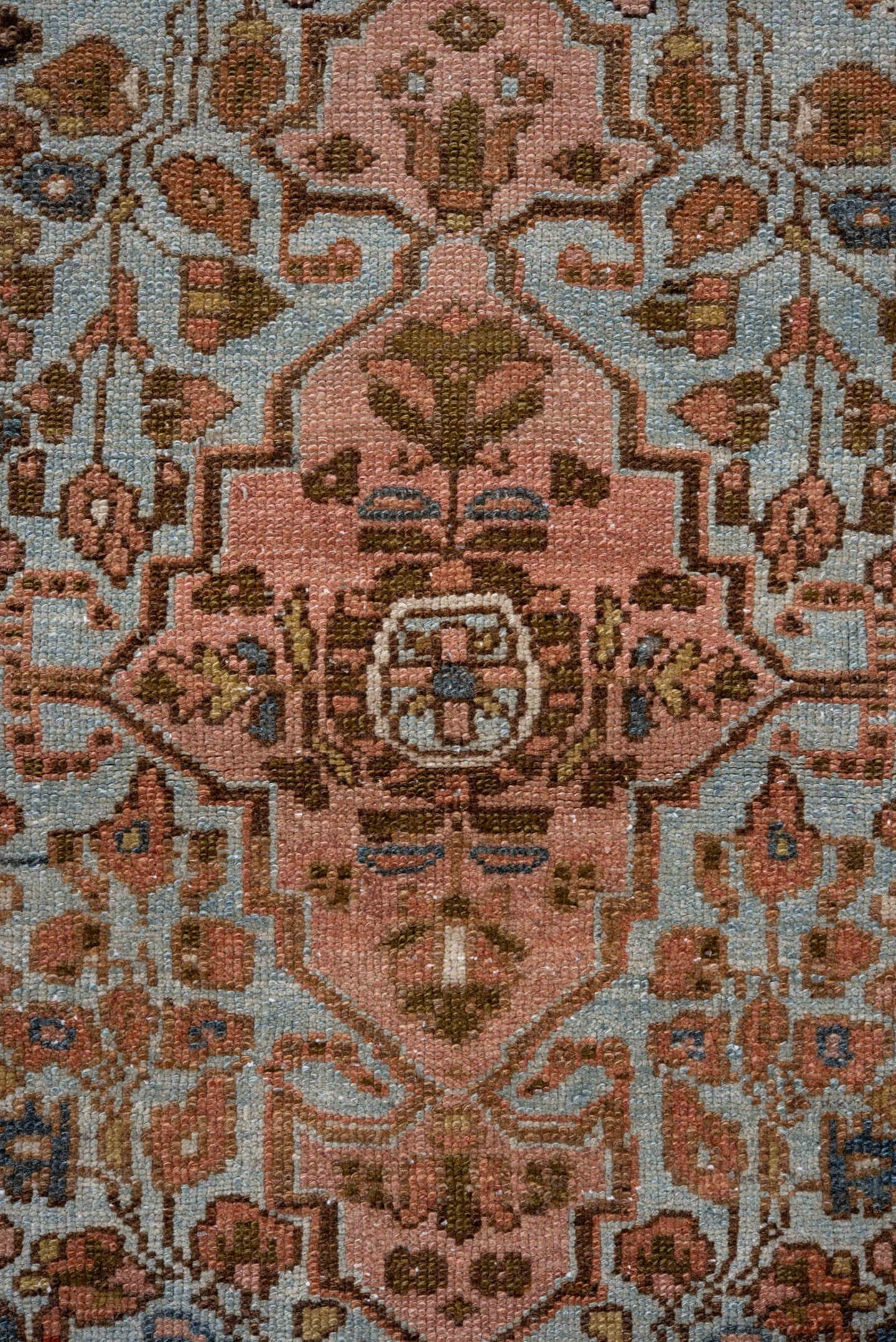 2' x 16' one-of-a-kind handmade antique Malayer runner rug. Color palette: light blue, rust, brown, ivory, rose, slate