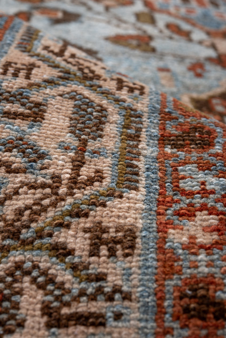 2' x 16' one-of-a-kind handmade antique Malayer runner rug. Color palette: light blue, rust, brown, ivory, rose, slate