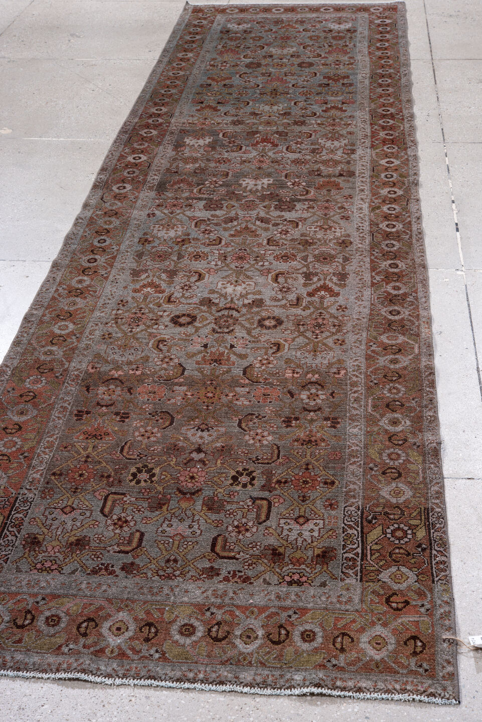 3' x 14' one-of-a-kind handmade vintage Malayer runner rug. Color palette: brown, gray, light gray, off-white, pink, silver