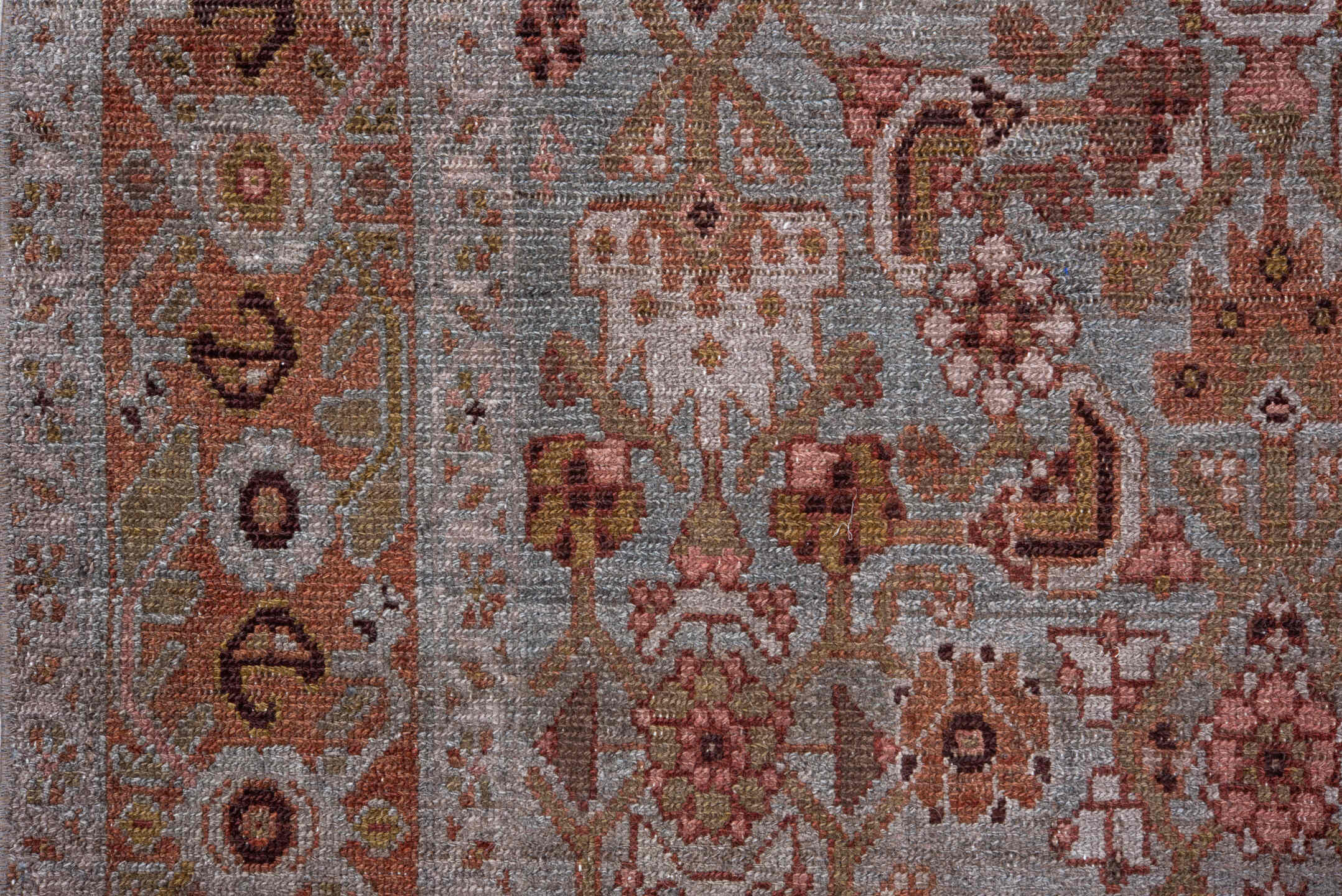 3' x 14' one-of-a-kind handmade vintage Malayer runner rug. Color palette: brown, gray, light gray, off-white, pink, silver