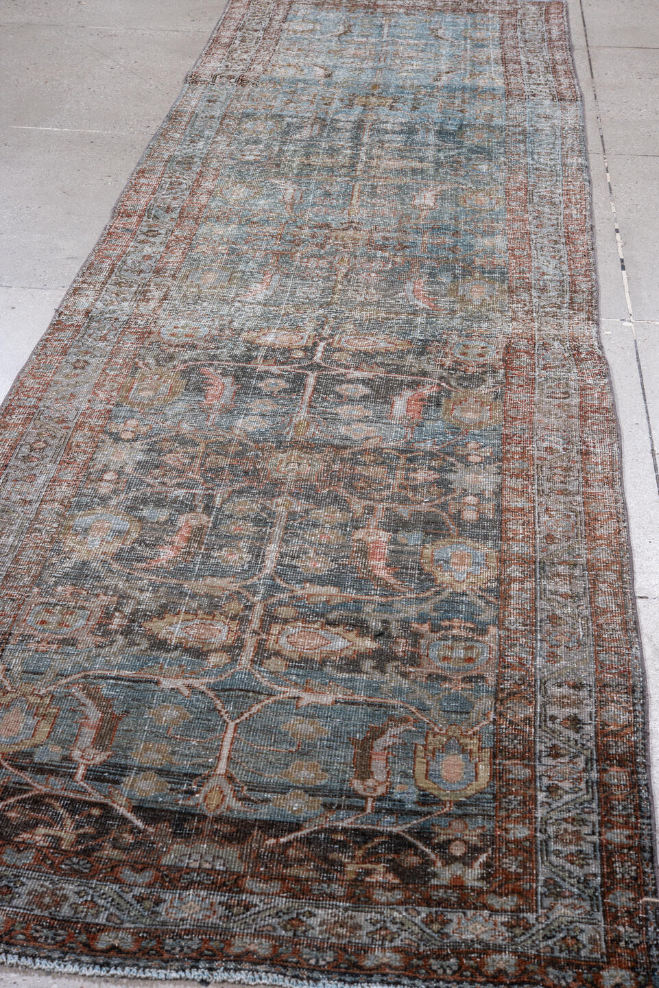 3' x 13' one-of-a-kind handmade antique Malayer runner rug. Color palette: sky blue, rust, ivory, charcoal, taupe, slate