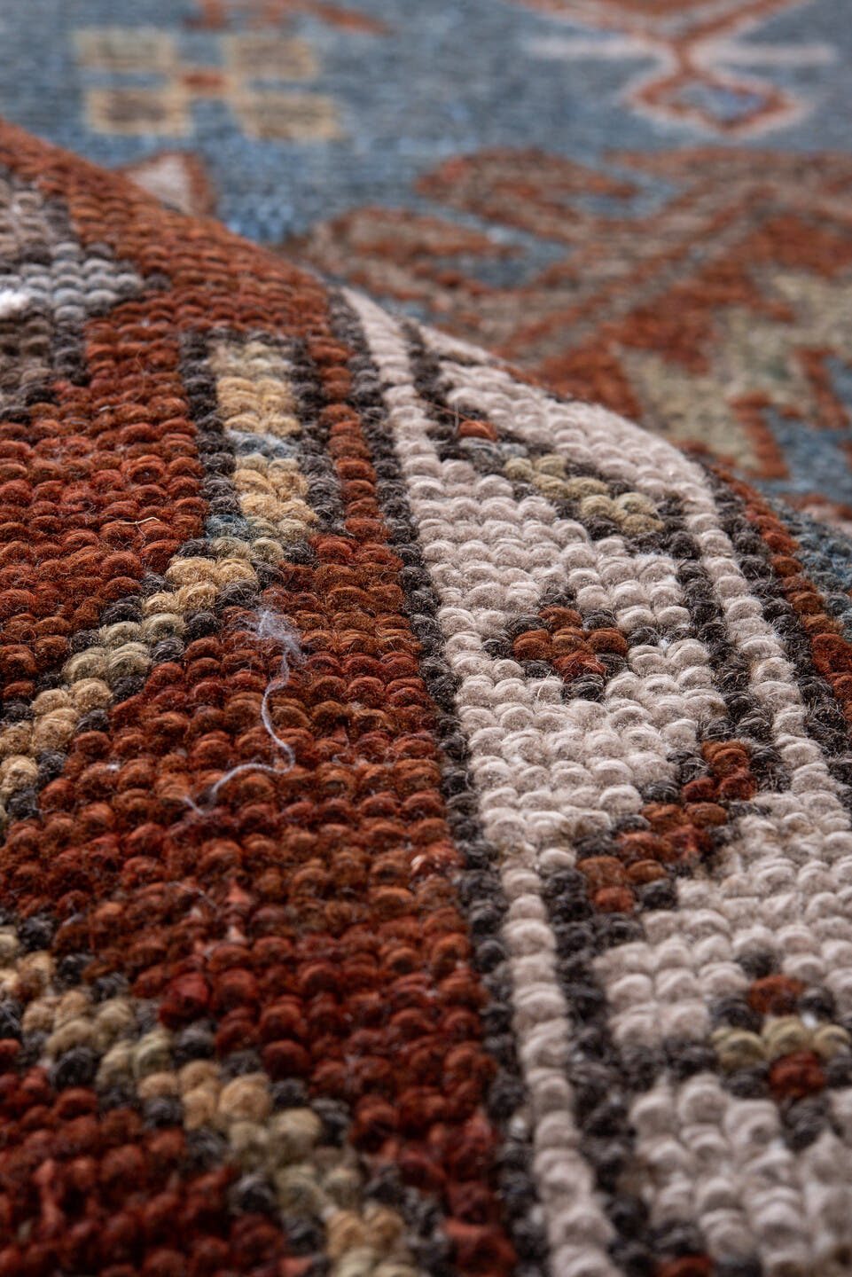 2' x 14' one-of-a-kind handmade vintage Heriz runner rug. Color palette: sky blue, rust, ivory, camel, taupe, brown