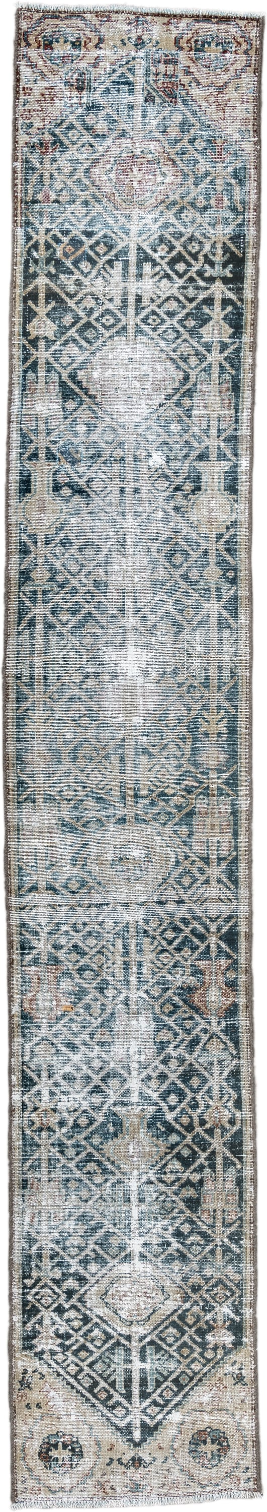 1' x 10' one-of-a-kind handmade antique Malayer rug. Color palette: indigo, ivory, slate, taupe, rust, camel, blue gray