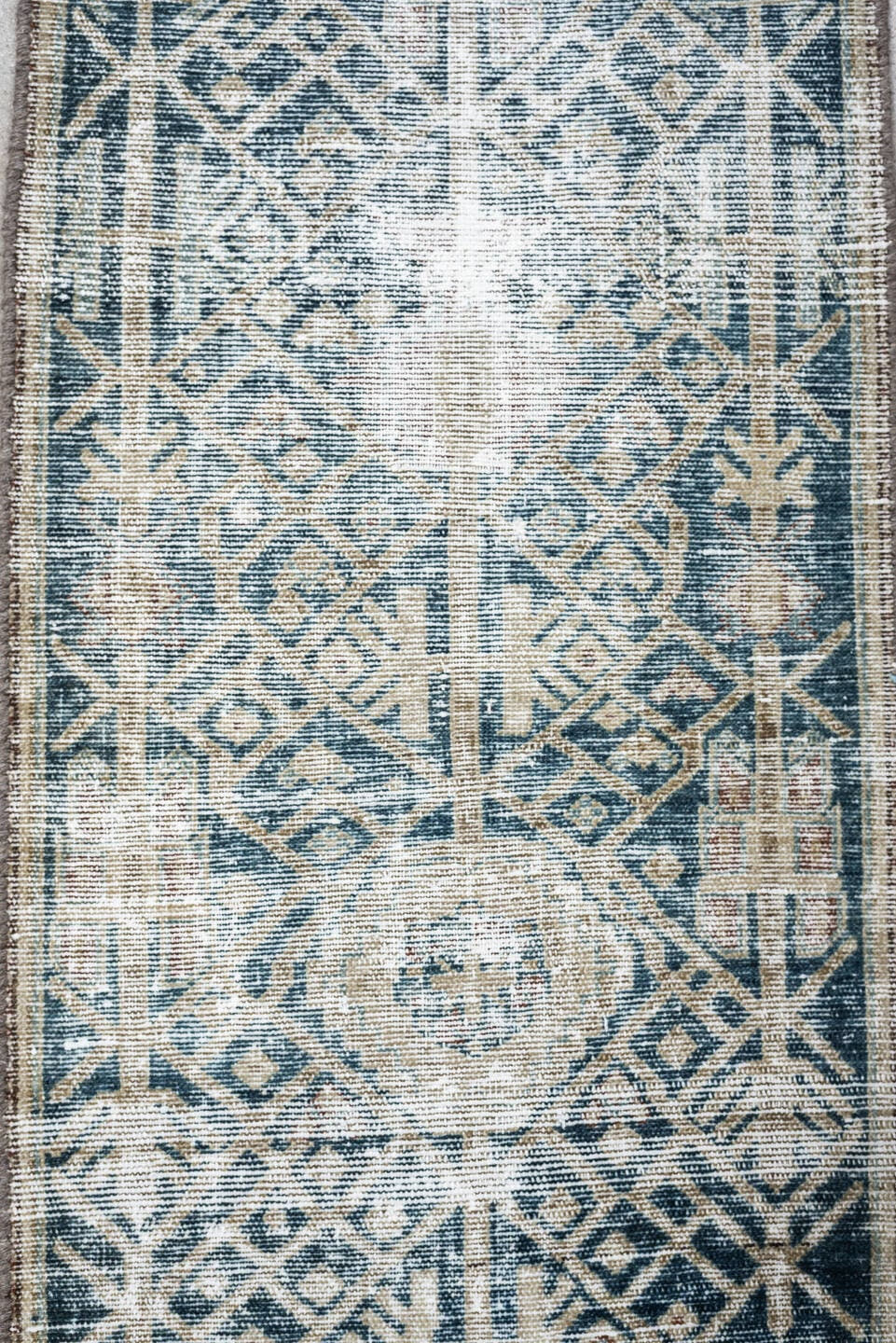 1' x 10' one-of-a-kind handmade antique Malayer rug. Color palette: indigo, ivory, slate, taupe, rust, camel, blue gray