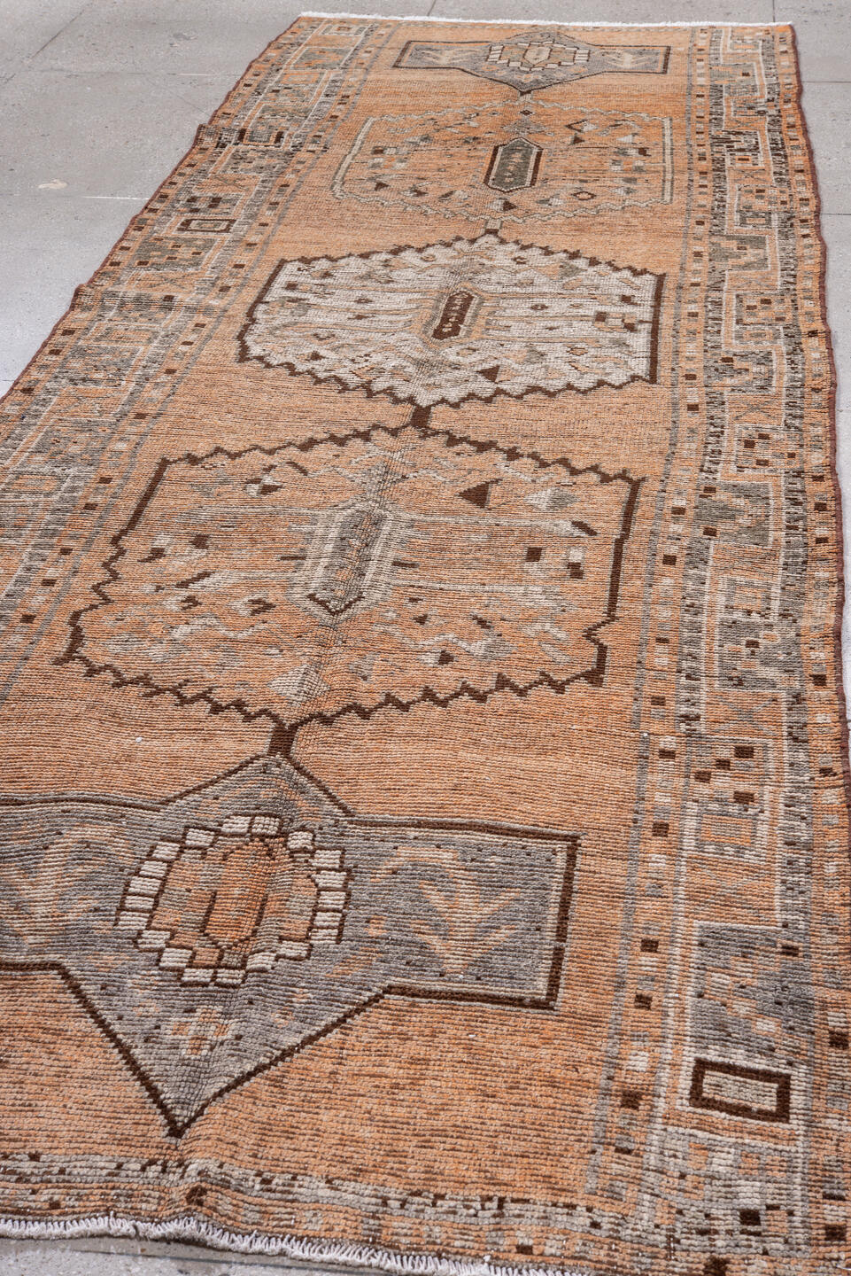 4' x 14' one-of-a-kind handmade antique Oushak runner rug. Color palette: peach, ivory, taupe, brown, gray, camel