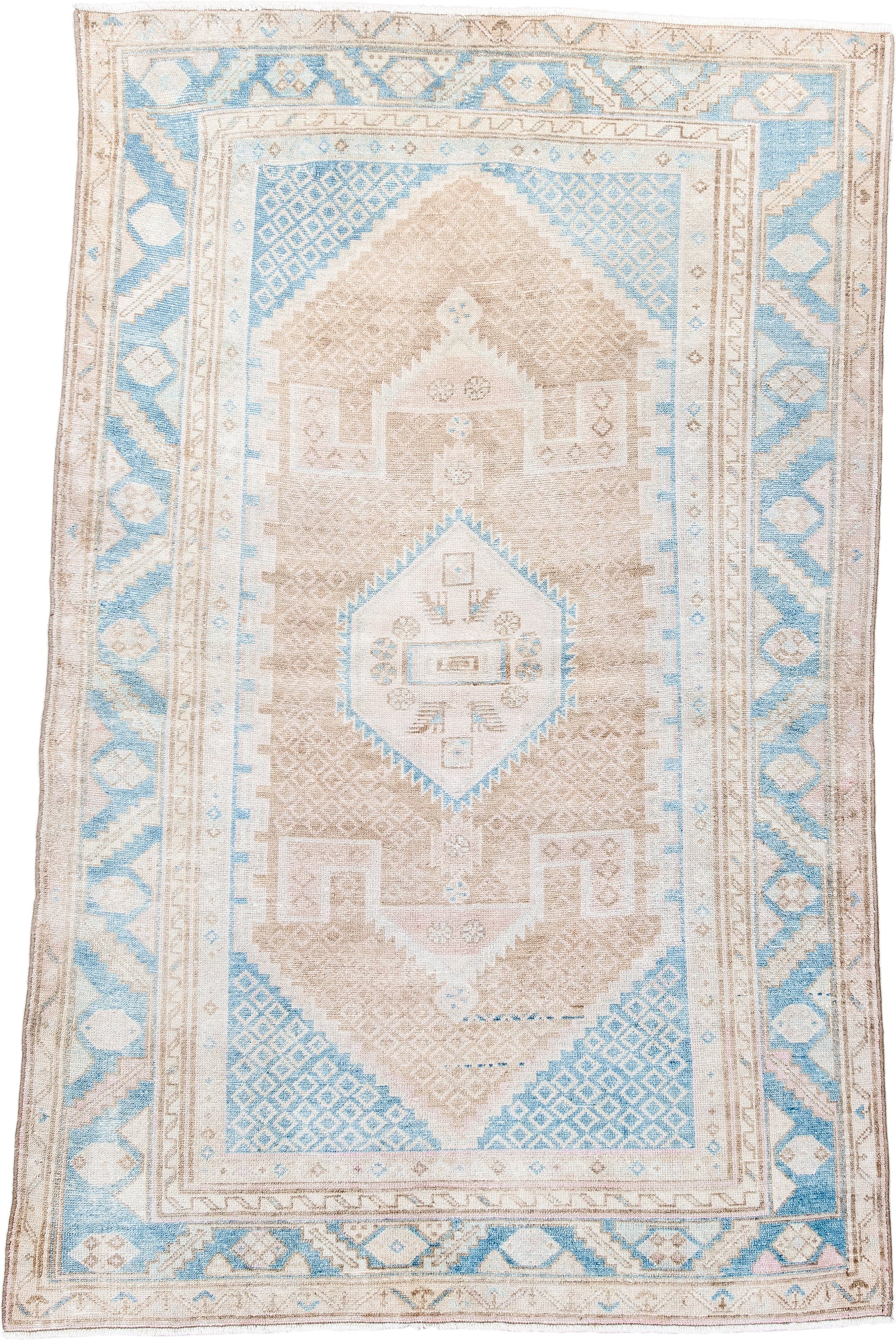 4' x 6' one-of-a-kind handmade antique Hamadan small size rug. Color palette: ivory, sky_blue, beige, taupe, camel