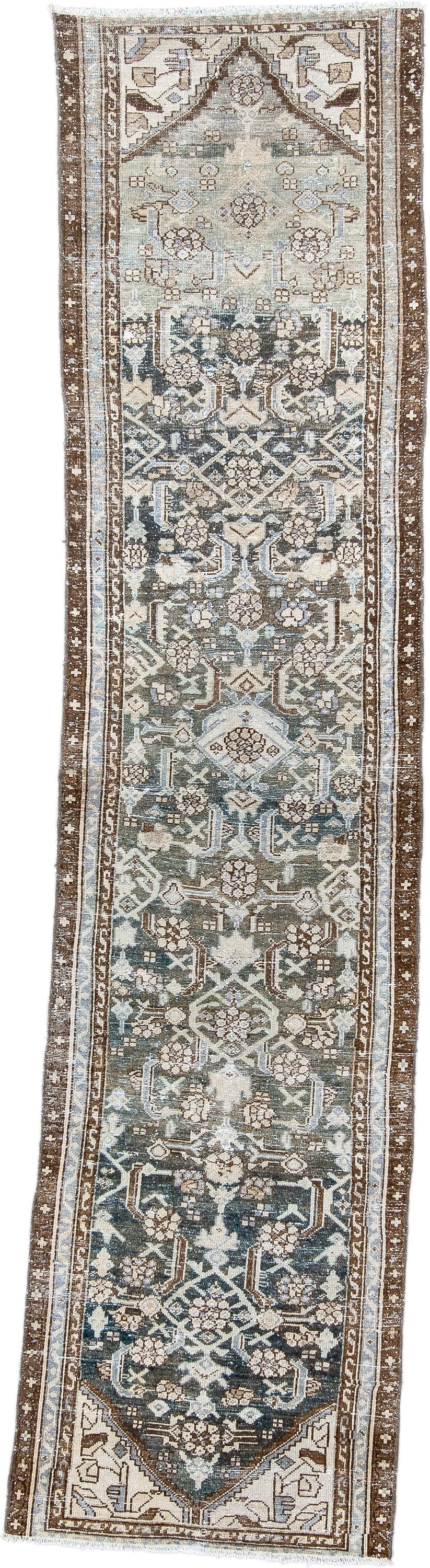2' x 9' one-of-a-kind handmade antique Malayer runner rug. Color palette: ivory, blue, brown, taupe, slate, camel, beige