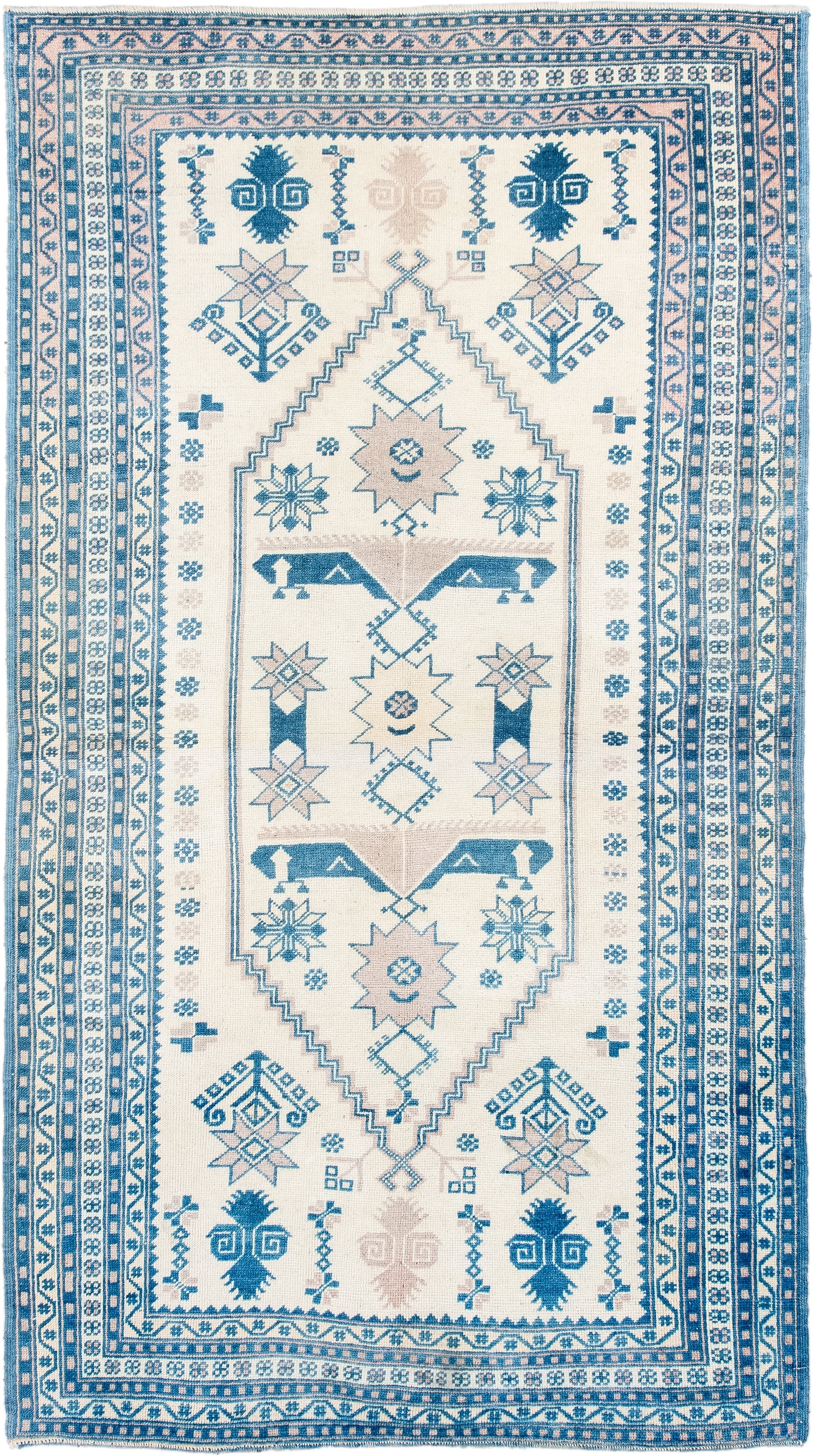 3' x 6' one-of-a-kind handmade antique Anatolian small size rug. Color palette: ivory, sky blue, azure, beige, light blue