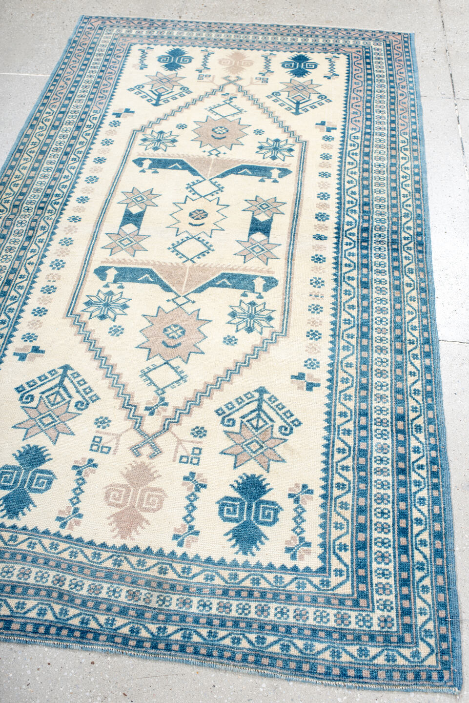 3' x 6' one-of-a-kind handmade antique Anatolian small size rug. Color palette: ivory, sky blue, azure, beige, light blue