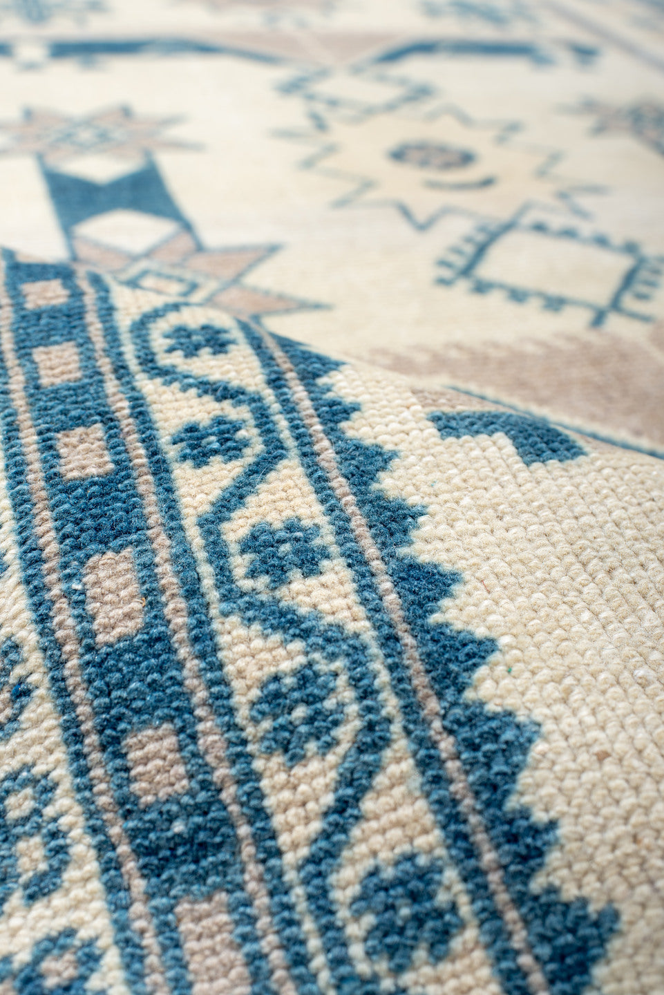3' x 6' one-of-a-kind handmade antique Anatolian small size rug. Color palette: ivory, sky blue, azure, beige, light blue
