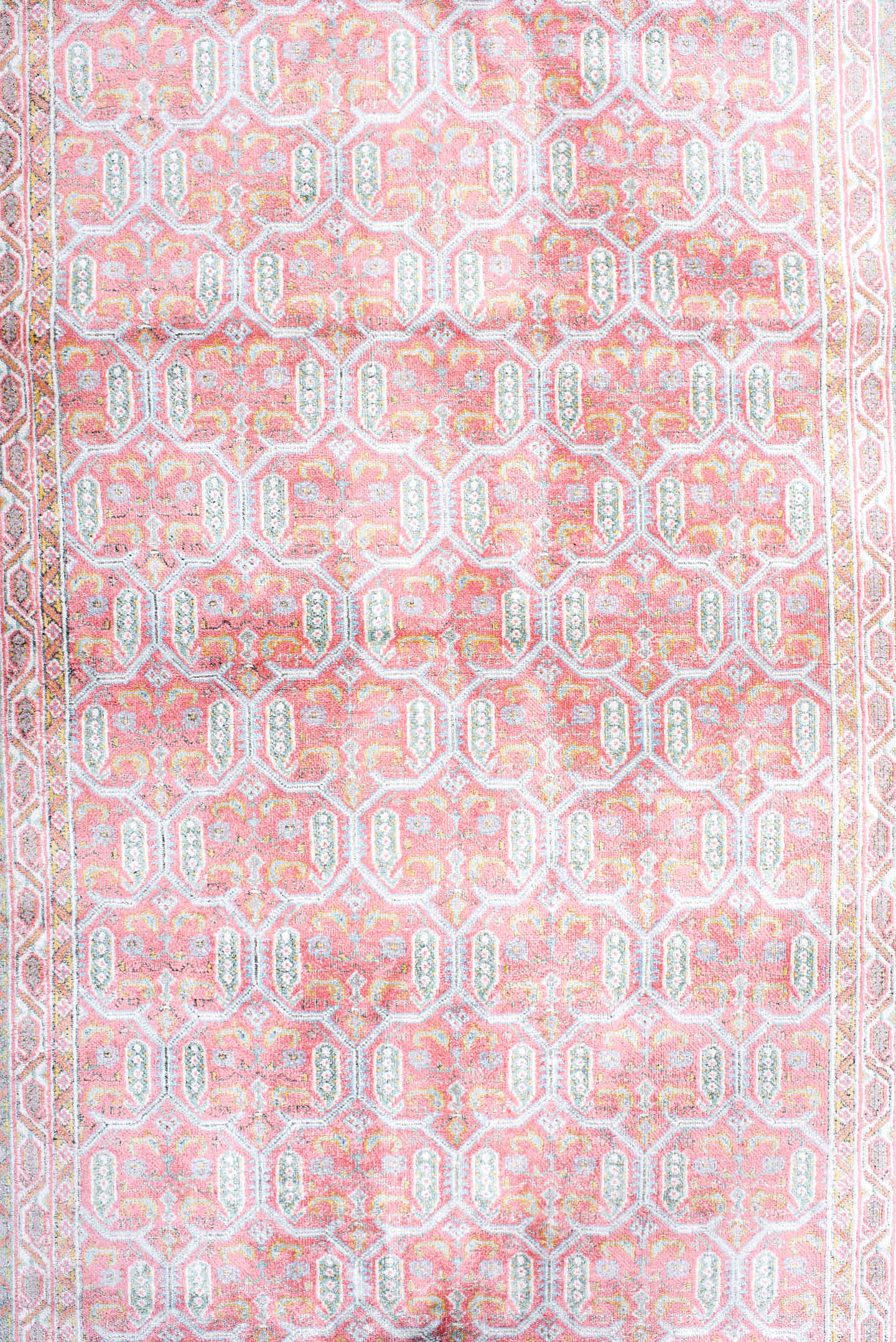 3' x 4' one-of-a-kind handmade vintage Kashmir small size rug. Color palette: blush, ivory, pale blue, rose, cream