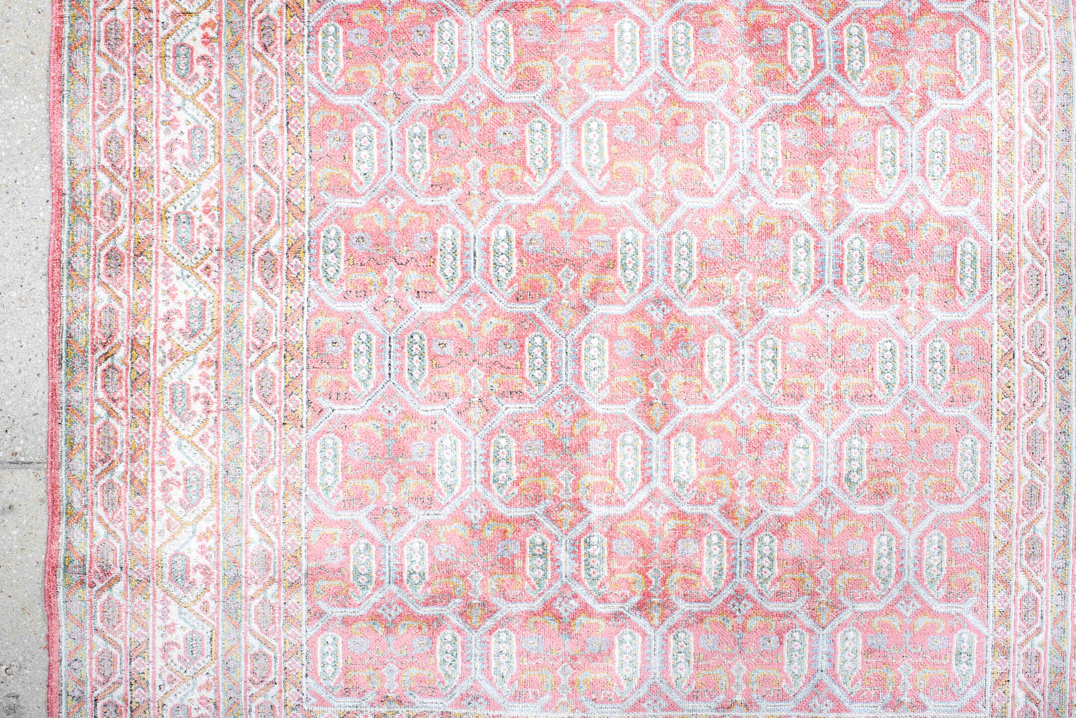 3' x 4' one-of-a-kind handmade vintage Kashmir small size rug. Color palette: blush, ivory, pale blue, rose, cream