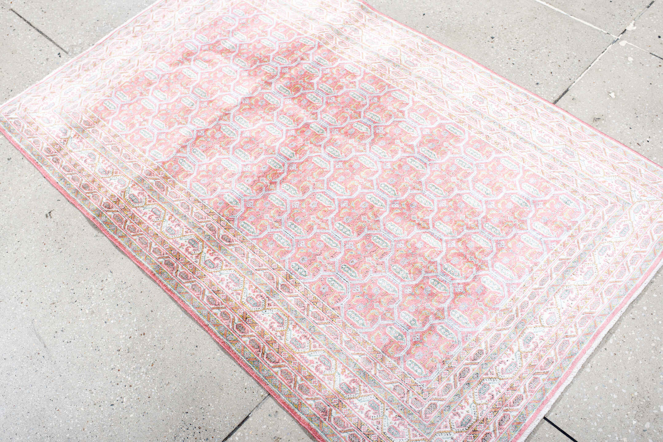 3' x 4' one-of-a-kind handmade vintage Kashmir small size rug. Color palette: blush, ivory, pale blue, rose, cream