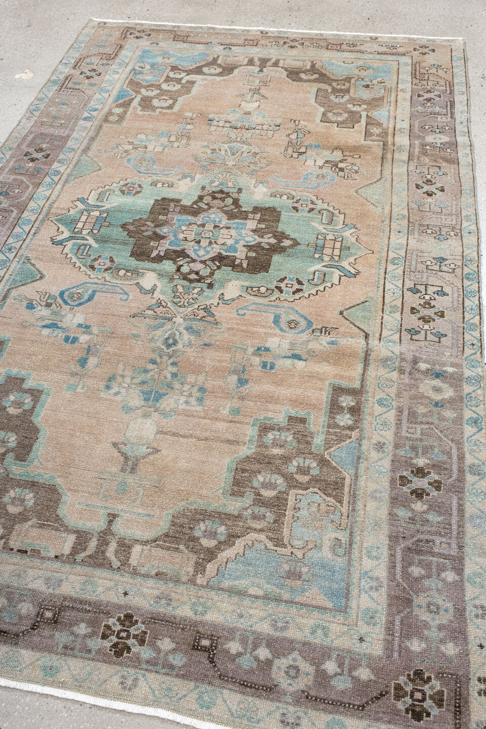 4' x 7' one-of-a-kind handmade vintage Malayer rug. Color palette: blush, taupe, sky blue, brown, ivory, charcoal, pink