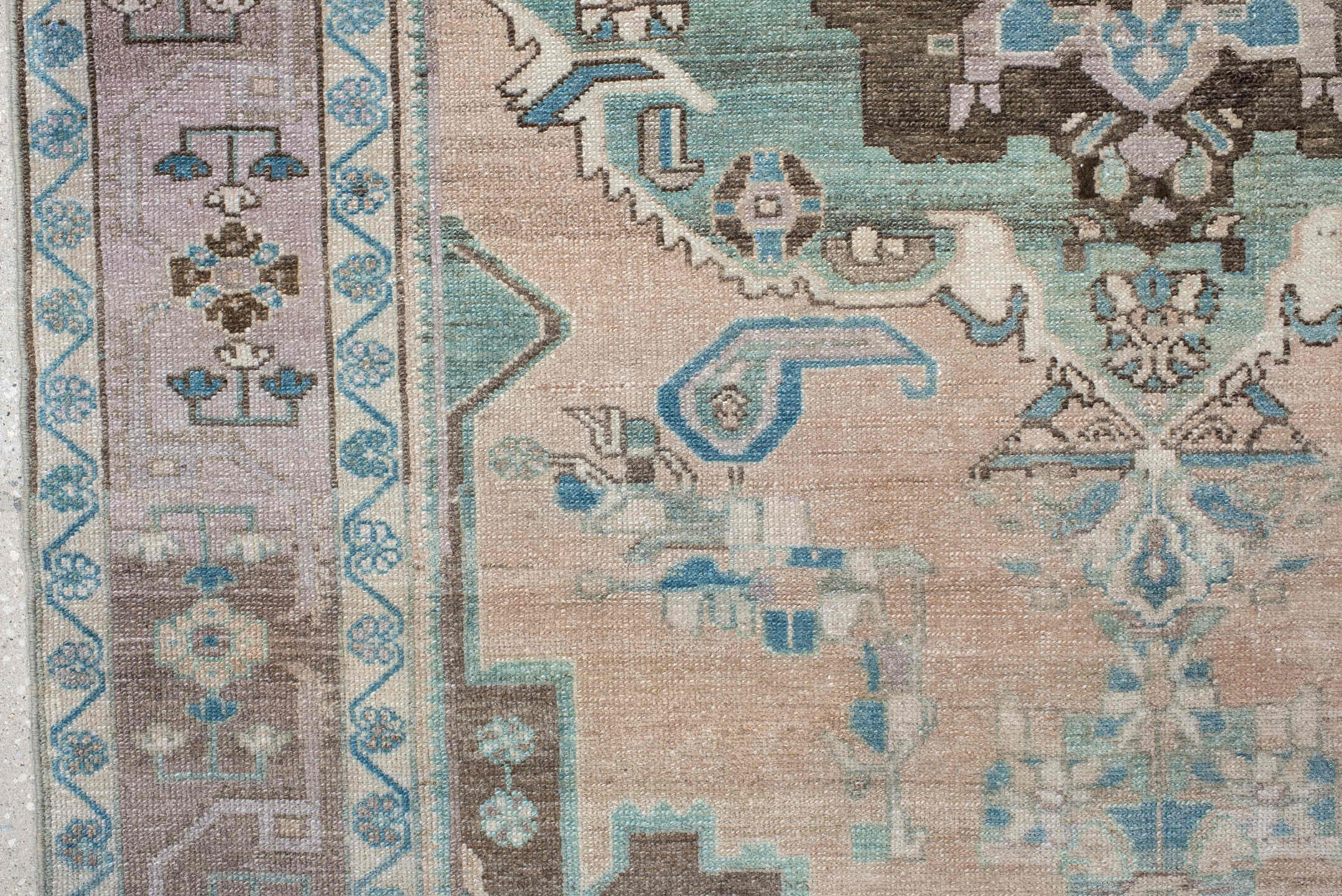 4' x 7' one-of-a-kind handmade vintage Malayer rug. Color palette: blush, taupe, sky blue, brown, ivory, charcoal, pink