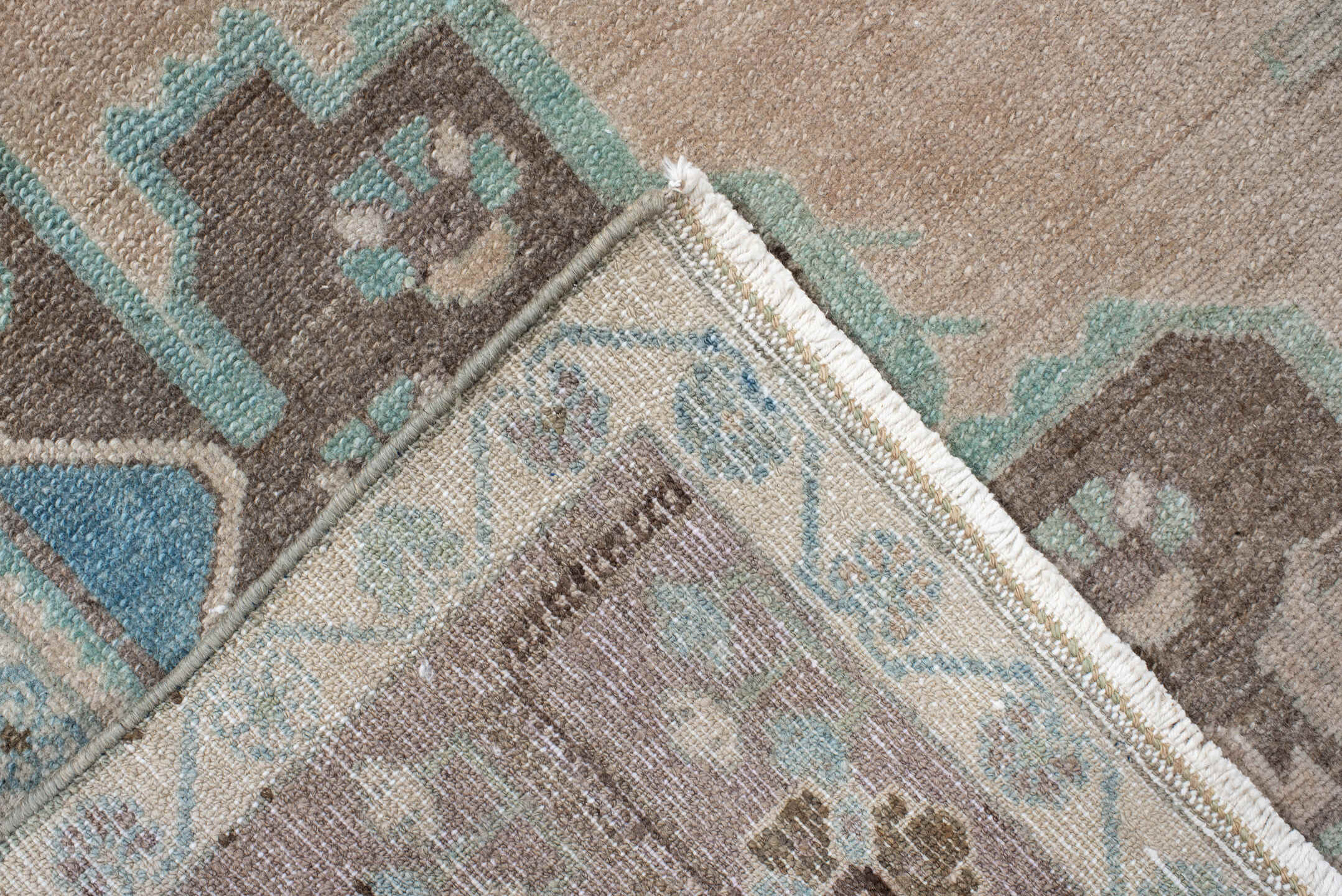 4' x 7' one-of-a-kind handmade vintage Malayer rug. Color palette: blush, taupe, sky blue, brown, ivory, charcoal, pink