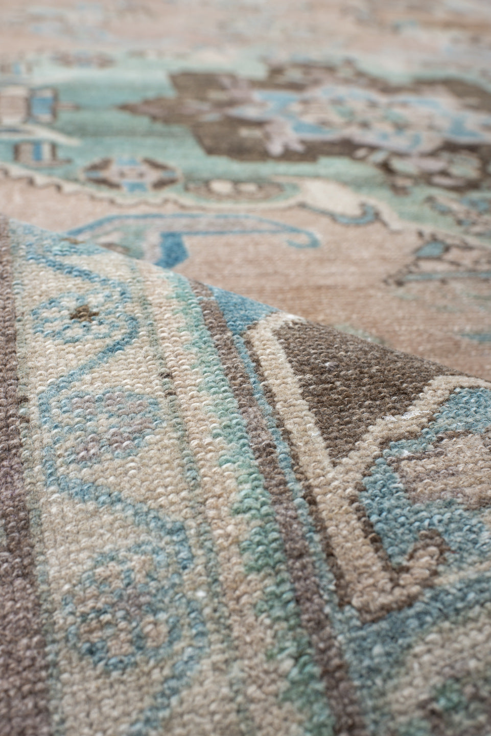 4' x 7' one-of-a-kind handmade vintage Malayer rug. Color palette: blush, taupe, sky blue, brown, ivory, charcoal, pink