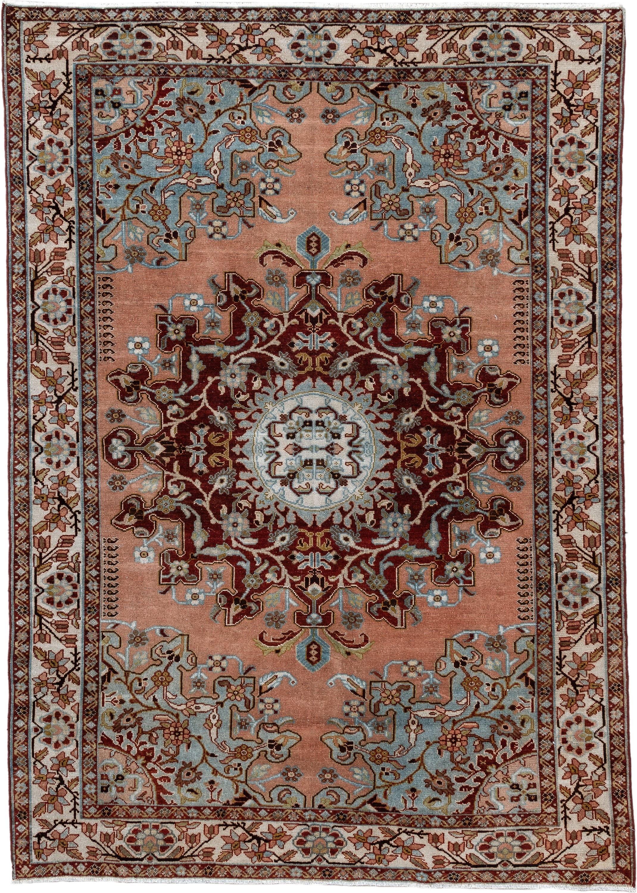 4' x 6' one-of-a-kind handmade vintage Malayer small size rug. Color palette: rose, ivory, burgundy, sky blue, taupe, brown