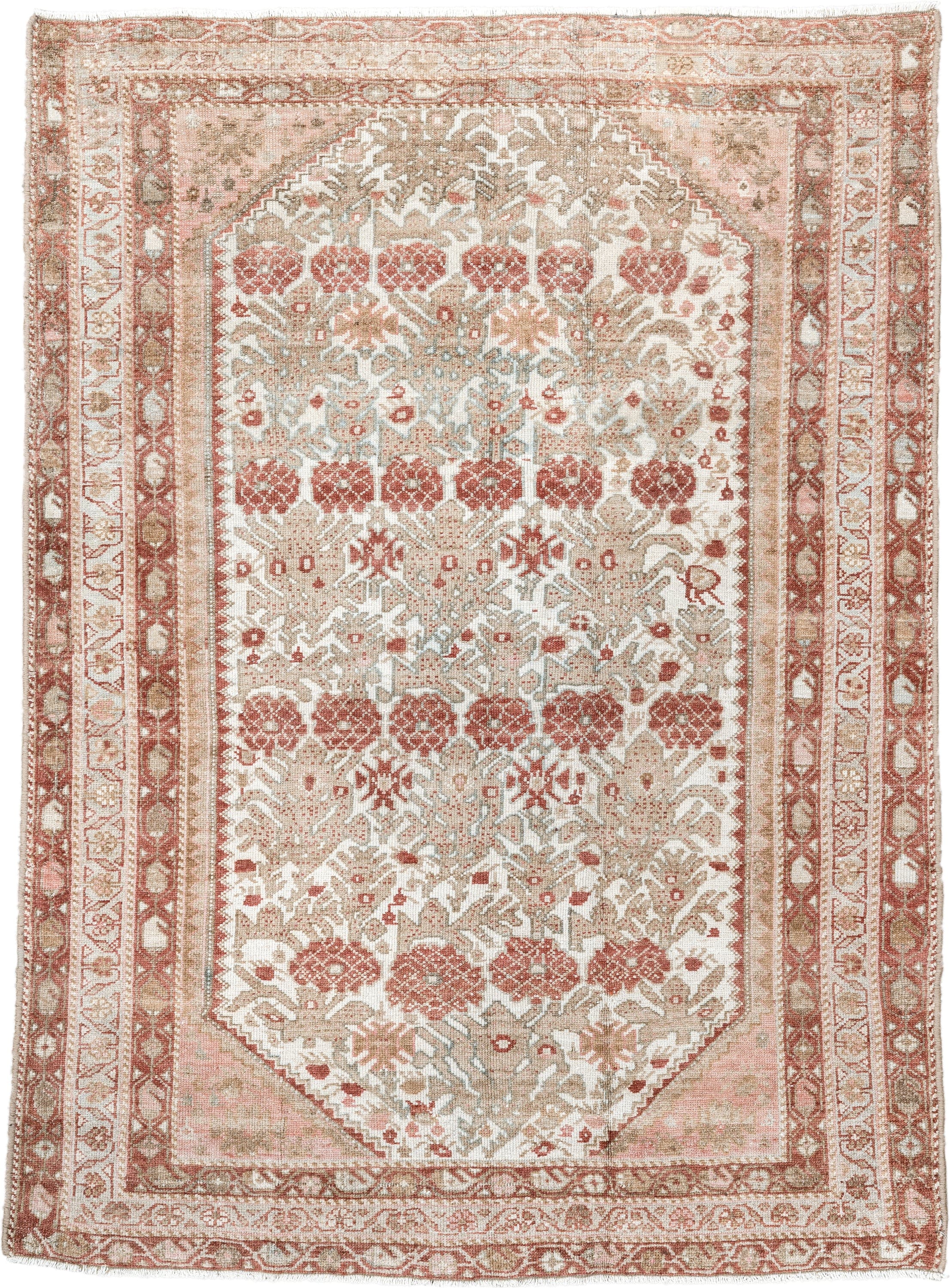 3' x 4' one-of-a-kind handmade antique Malayer small size rug. Color palette: ivory, rose, rust, taupe, beige, sage, pink