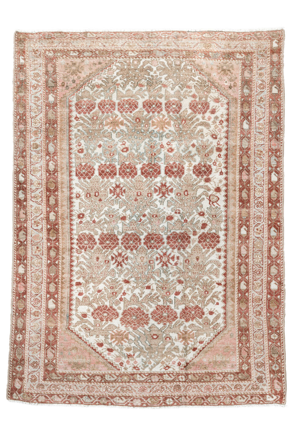 3' x 4' one-of-a-kind handmade vintage Malayer small size rug. Color palette: gray, pink, orange, off-white, brown, linen