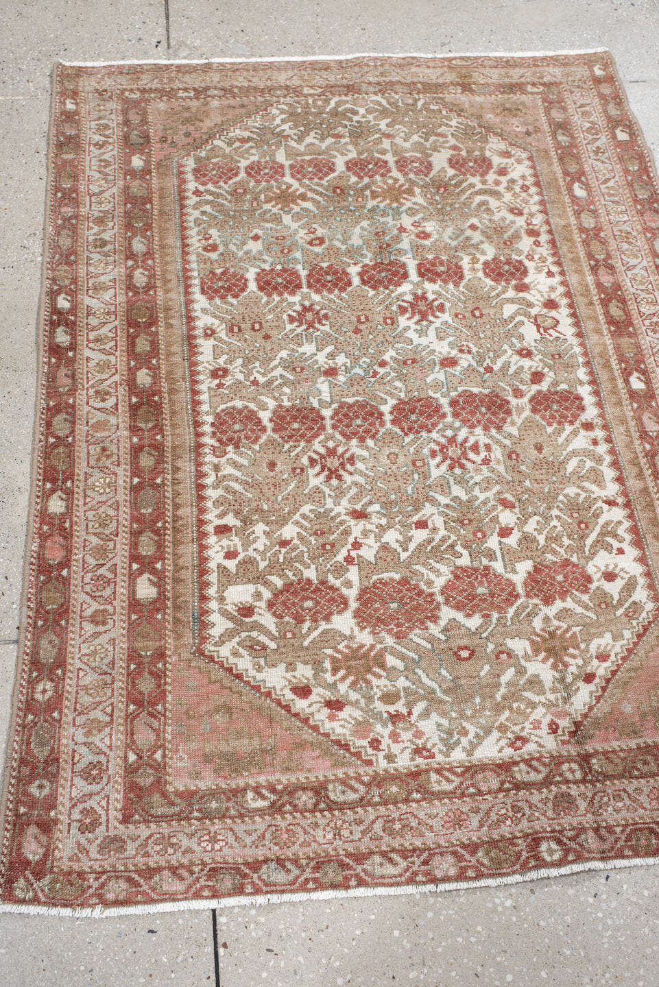 3' x 4' one-of-a-kind handmade antique Malayer small size rug. Color palette: ivory, rose, rust, taupe, beige, sage, pink