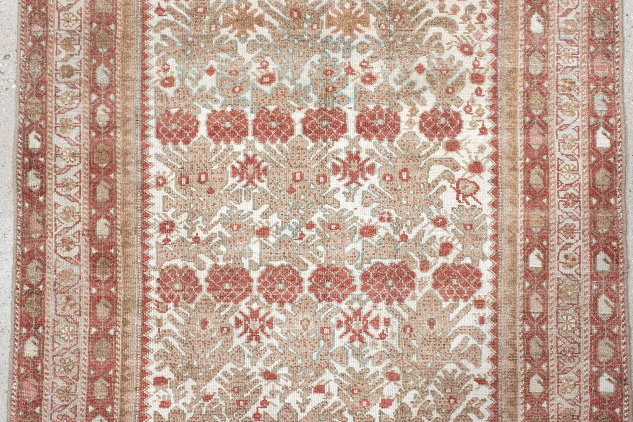 3' x 4' one-of-a-kind handmade antique Malayer small size rug. Color palette: ivory, rose, rust, taupe, beige, sage, pink