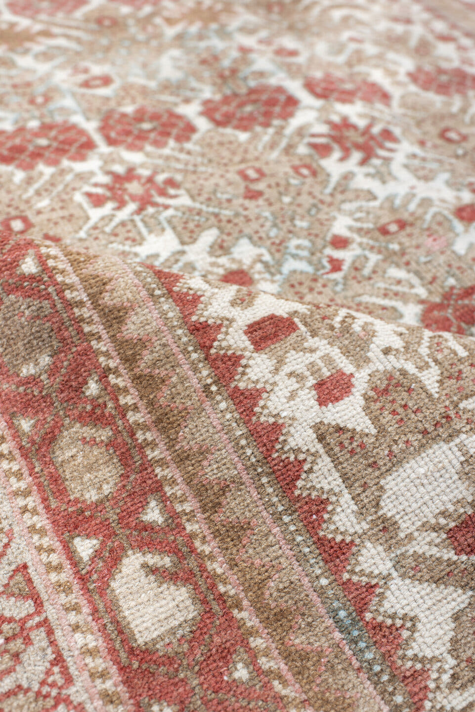 3' x 4' one-of-a-kind handmade antique Malayer small size rug. Color palette: ivory, rose, rust, taupe, beige, sage, pink