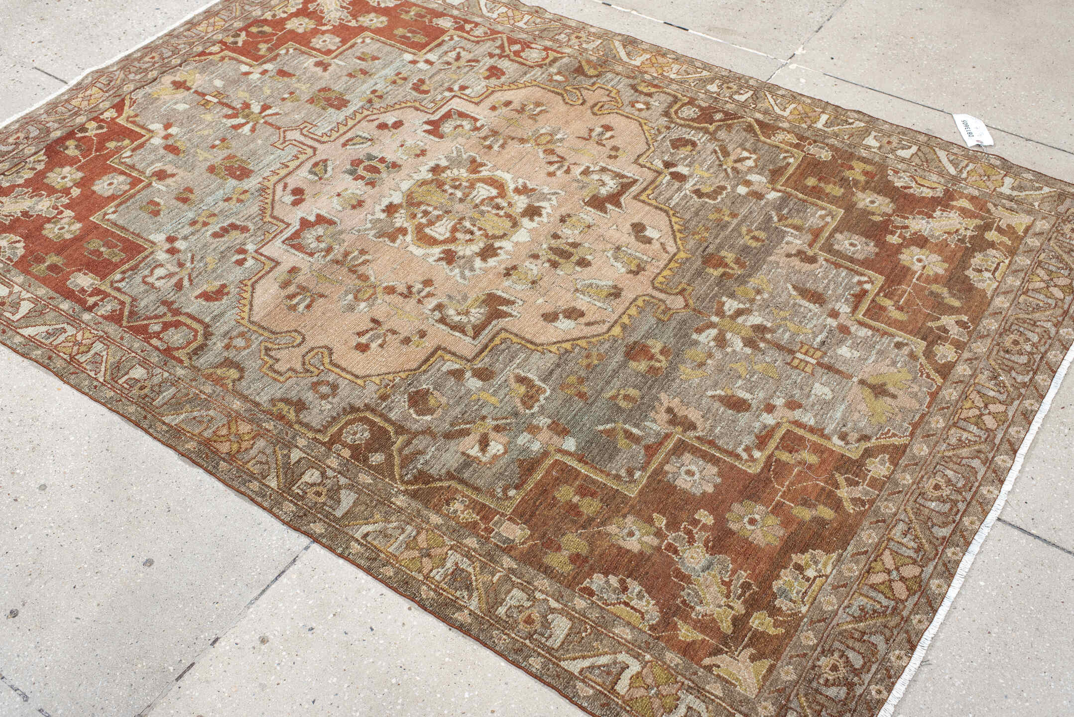 4' x 6' one-of-a-kind handmade vintage Baktiary small size rug. Color palette: taupe, rust, blush, ivory, sage, gold, brown
