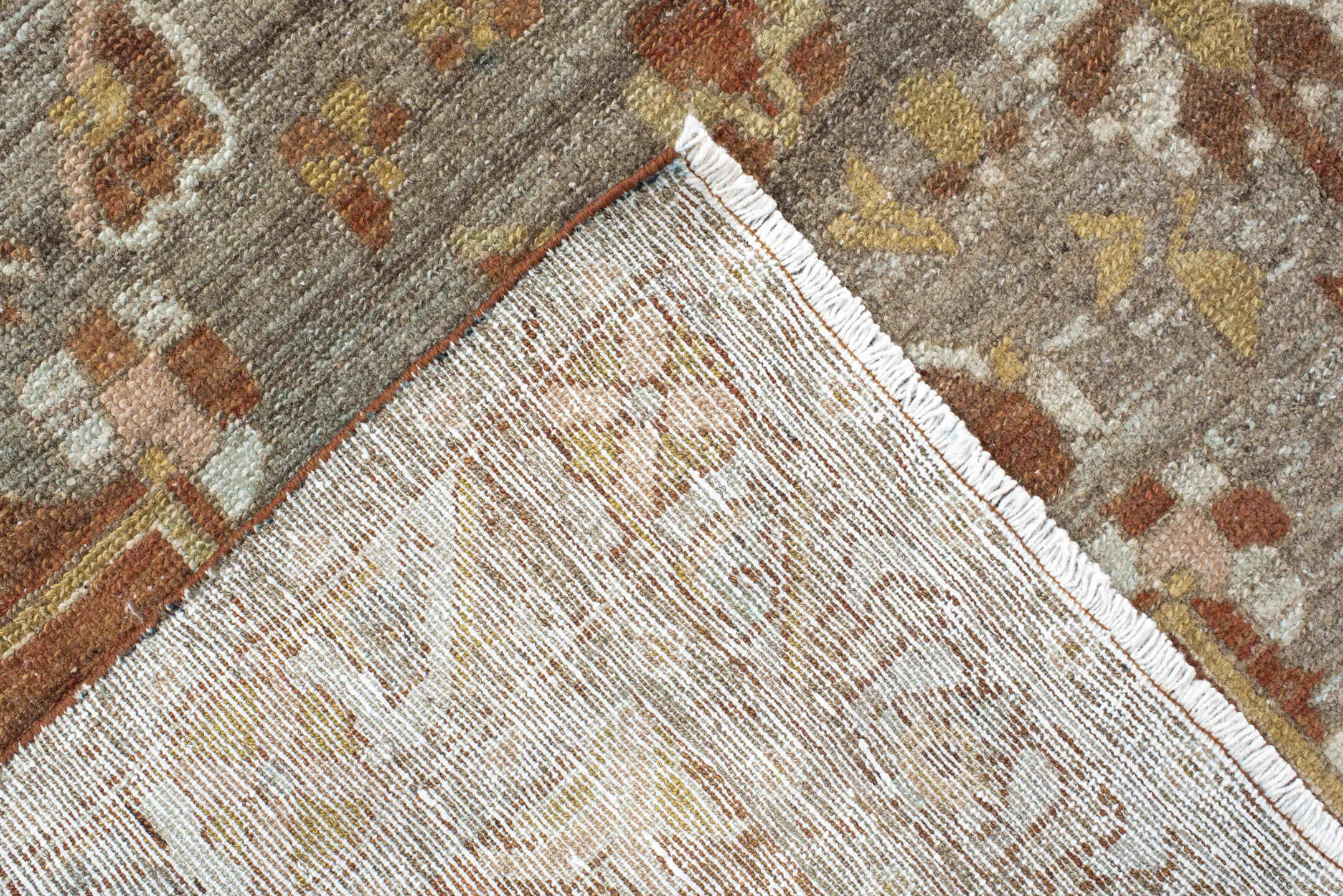 4' x 6' one-of-a-kind handmade vintage Baktiary small size rug. Color palette: taupe, rust, blush, ivory, sage, gold, brown