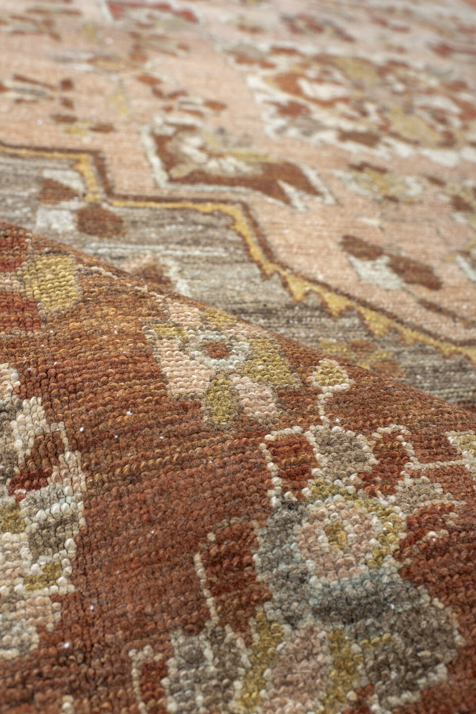 4' x 6' one-of-a-kind handmade vintage Baktiary small size rug. Color palette: taupe, rust, blush, ivory, sage, gold, brown