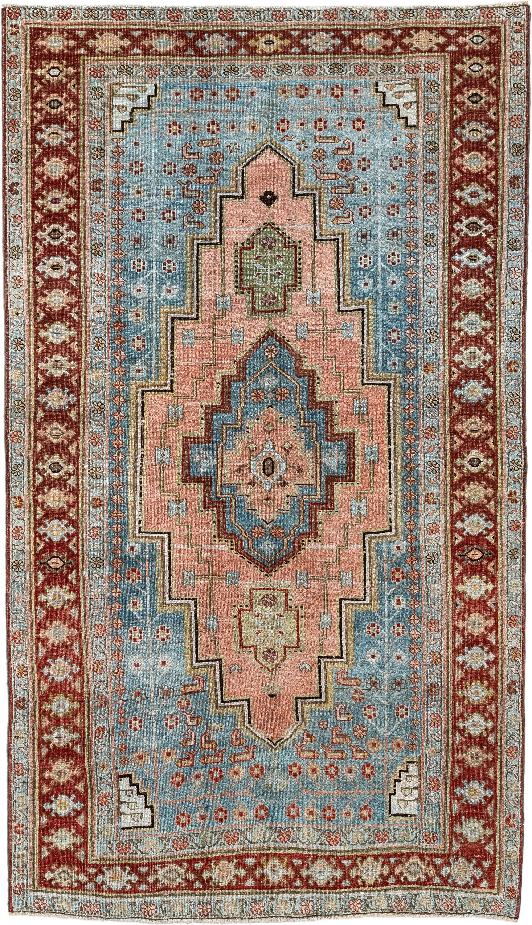 4' x 7' one-of-a-kind handmade antique Bidjar rug. Color palette: light blue, rust, blush, ivory, sage, camel, charcoal