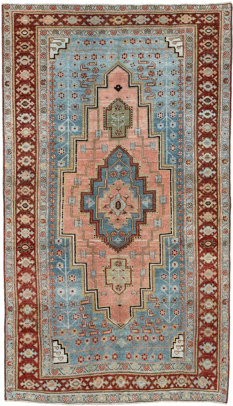 4' x 7' one-of-a-kind handmade antique Bidjar rug. Color palette: light blue, rust, blush, ivory, sage, camel, charcoal