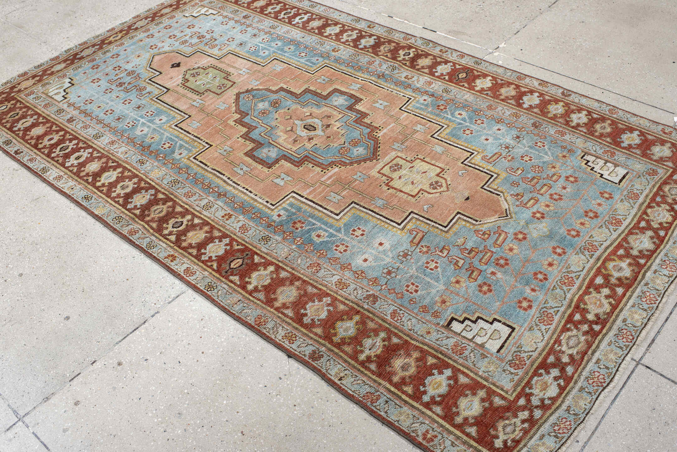 4' x 7' one-of-a-kind handmade antique Bidjar rug. Color palette: light blue, rust, blush, ivory, sage, camel, charcoal