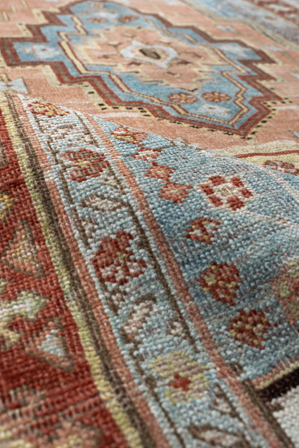 4' x 7' one-of-a-kind handmade antique Bidjar rug. Color palette: light blue, rust, blush, ivory, sage, camel, charcoal