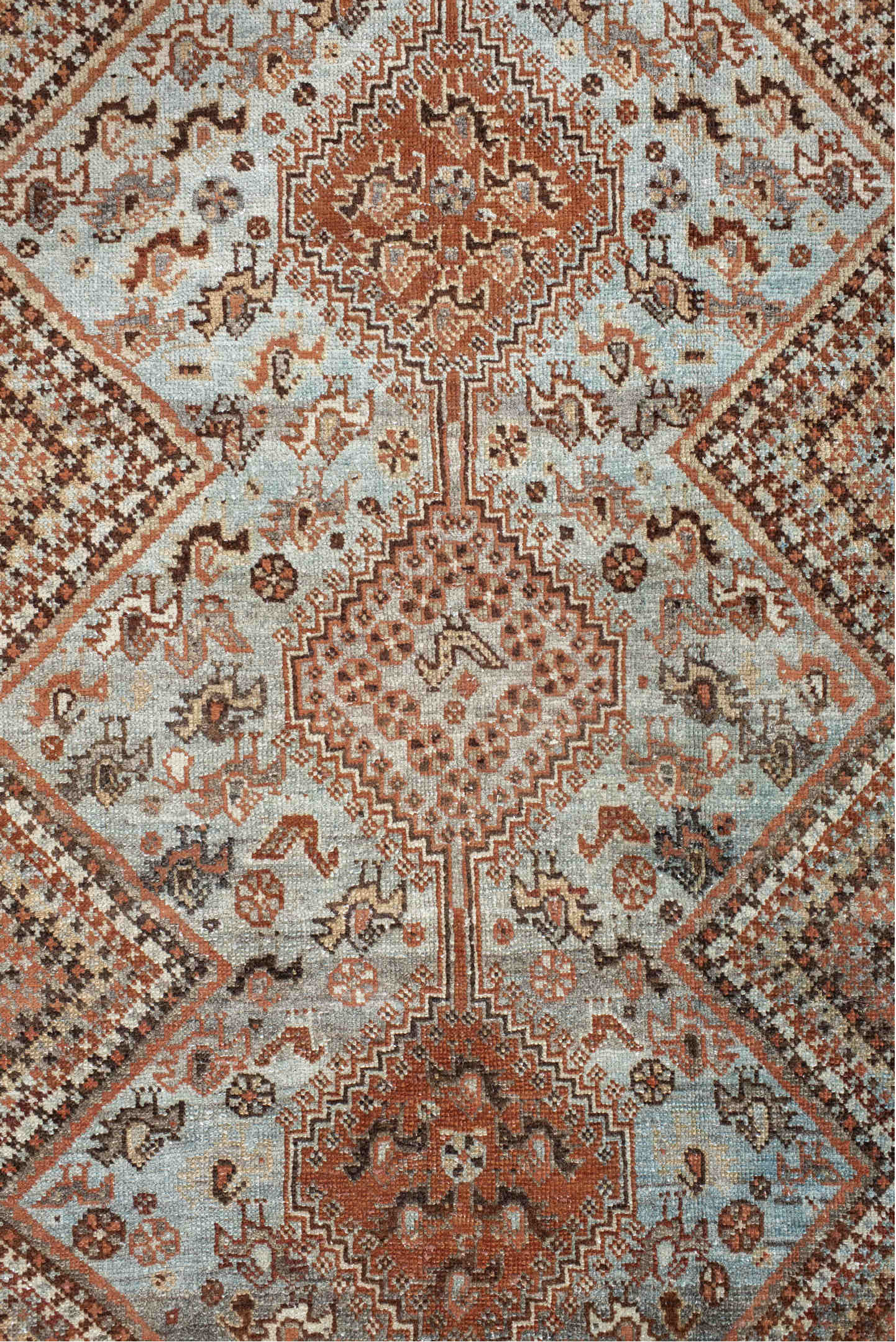 4' x 5' one-of-a-kind handmade vintage Afshar small size rug. Color palette: brown, floral white, gainsboro, gray