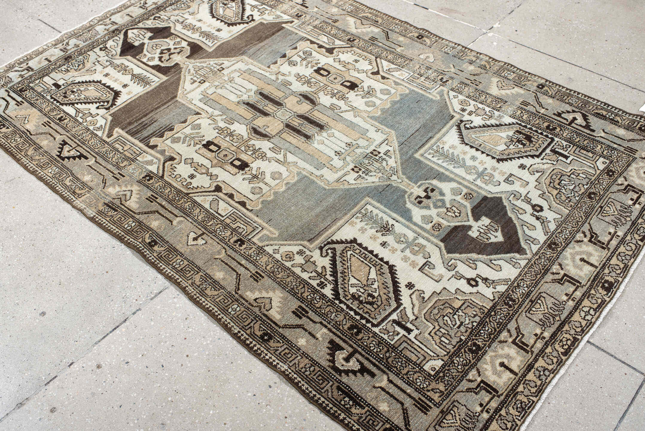 4' x 6' one-of-a-kind handmade vintage Malayer small size rug. Color palette: ivory, pale blue, taupe, charcoal, brown