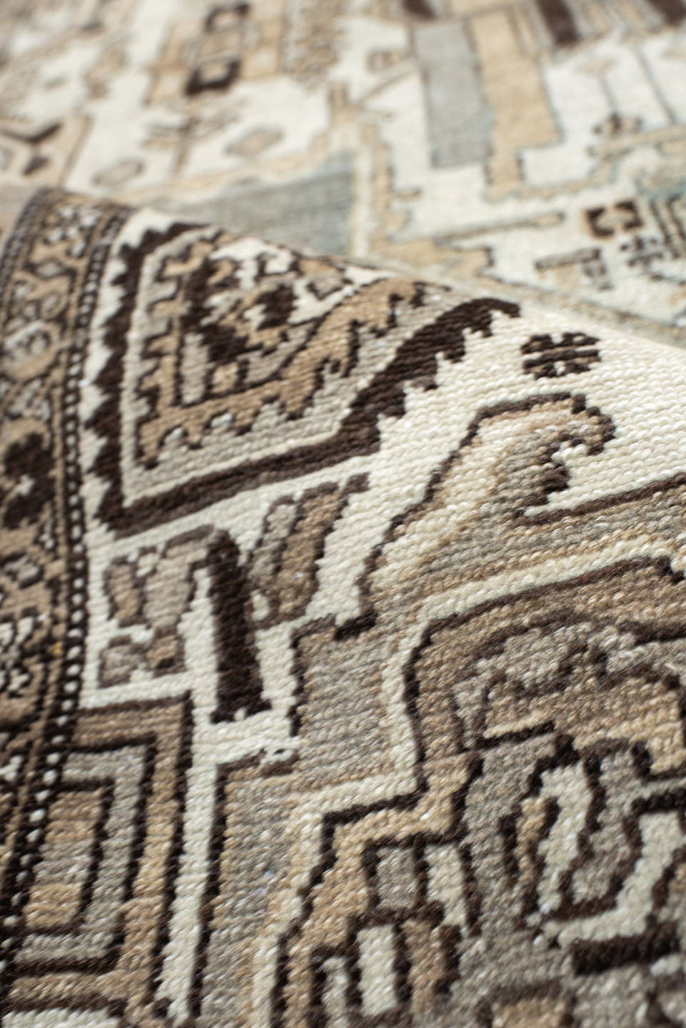 4' x 6' one-of-a-kind handmade vintage Malayer small size rug. Color palette: ivory, pale blue, taupe, charcoal, brown