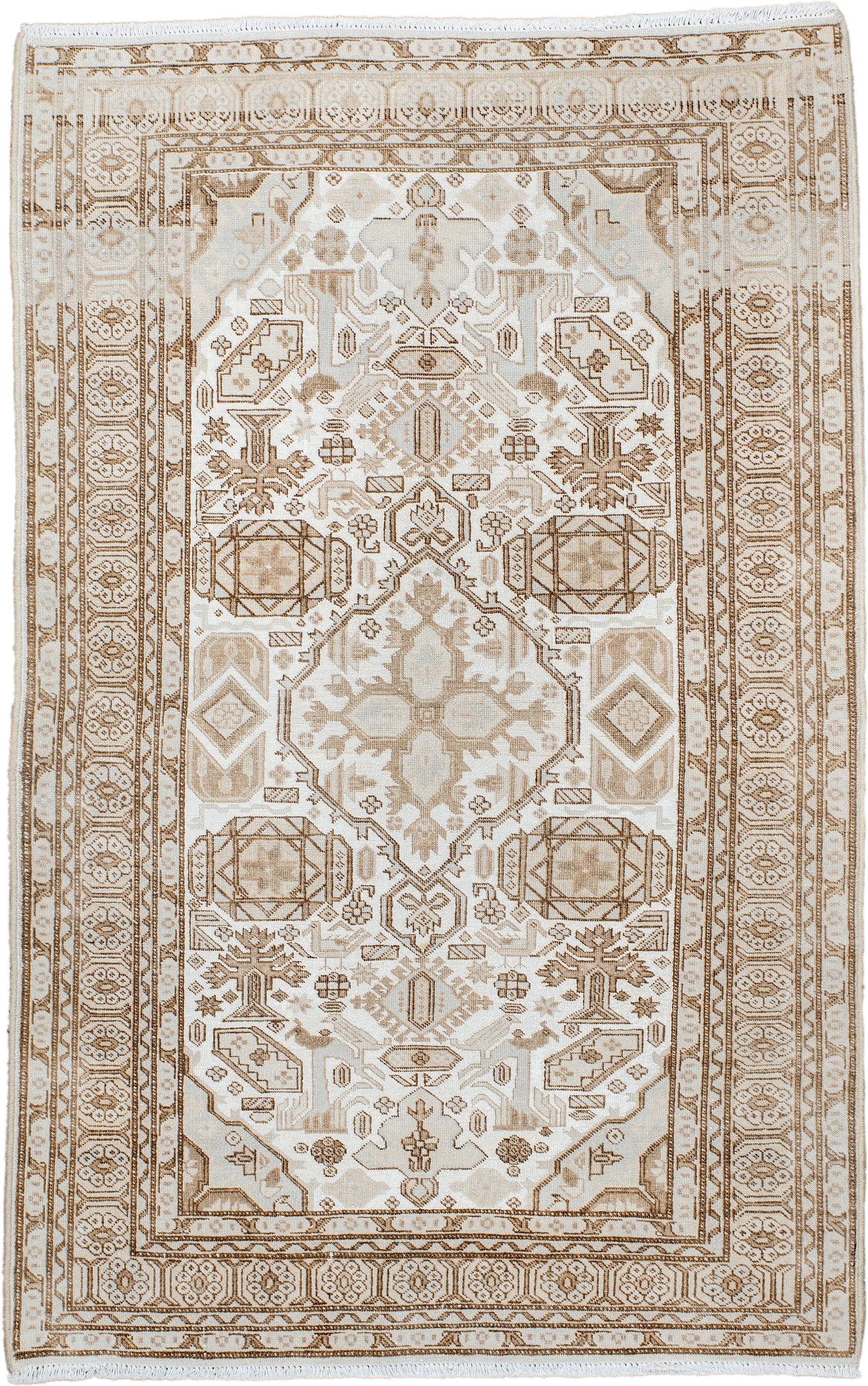 3' x 5' one-of-a-kind handmade vintage small size rug. Color palette: ivory, camel, taupe, beige, light brown, gray, brown