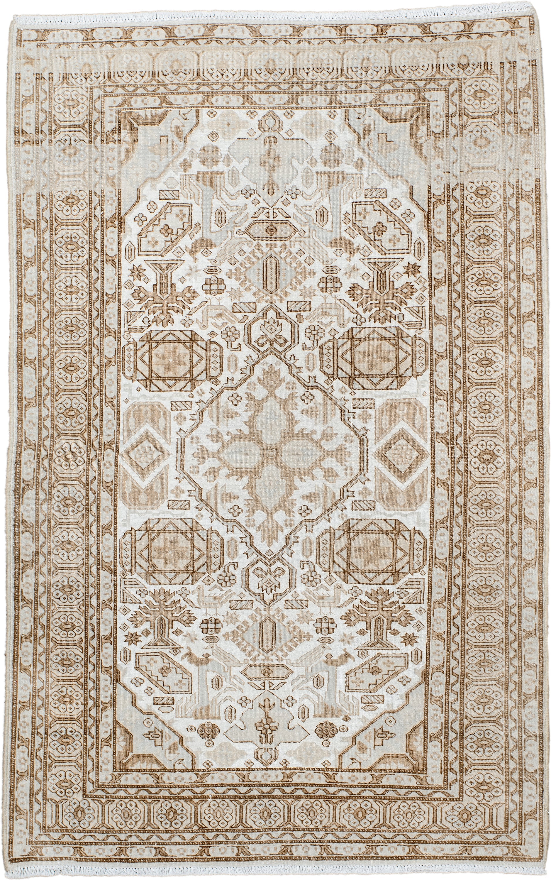 3' x 5' one-of-a-kind handmade vintage small size rug. Color palette: ivory, camel, taupe, beige, light brown, gray, brown
