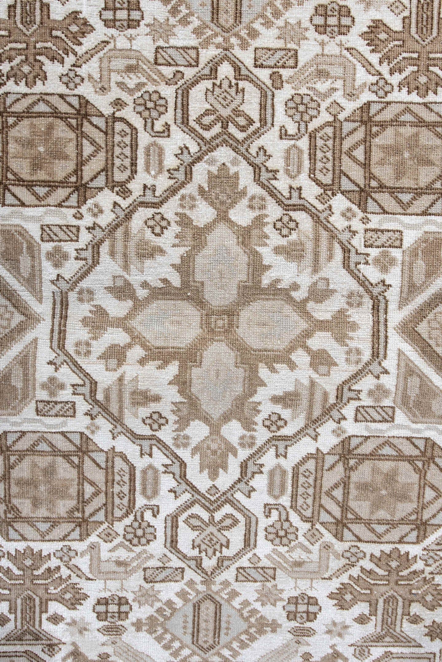 3' x 5' one-of-a-kind handmade vintage small size rug. Color palette: ivory, camel, taupe, beige, light brown, gray, brown